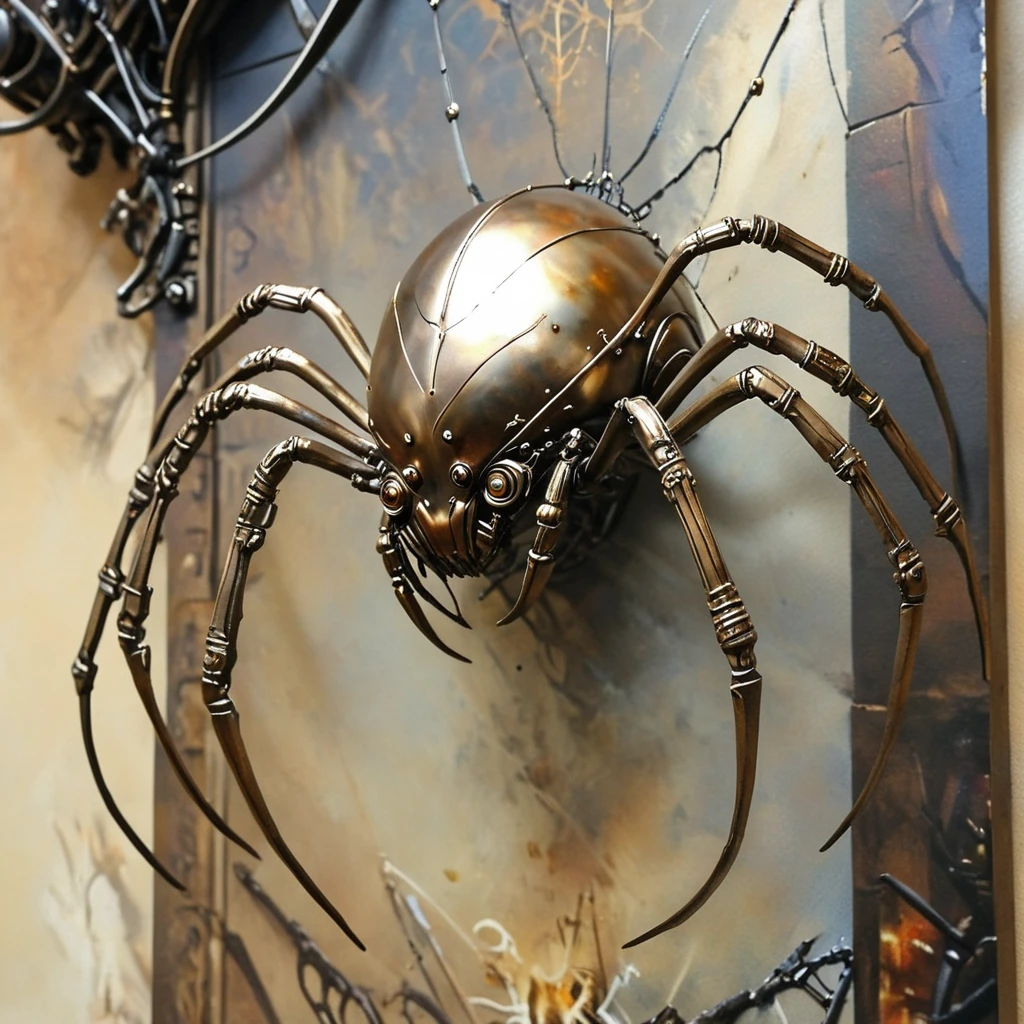 <lora:Ethereal_Gothic_RenaissanceSDXL:1> ArsMJStyle, Etherial Gothic, The image shows a close up of a metal sculpture of a spider on a wall with a painting in the background., no humans, realistic, traditional media, steampunk, bug, blurry