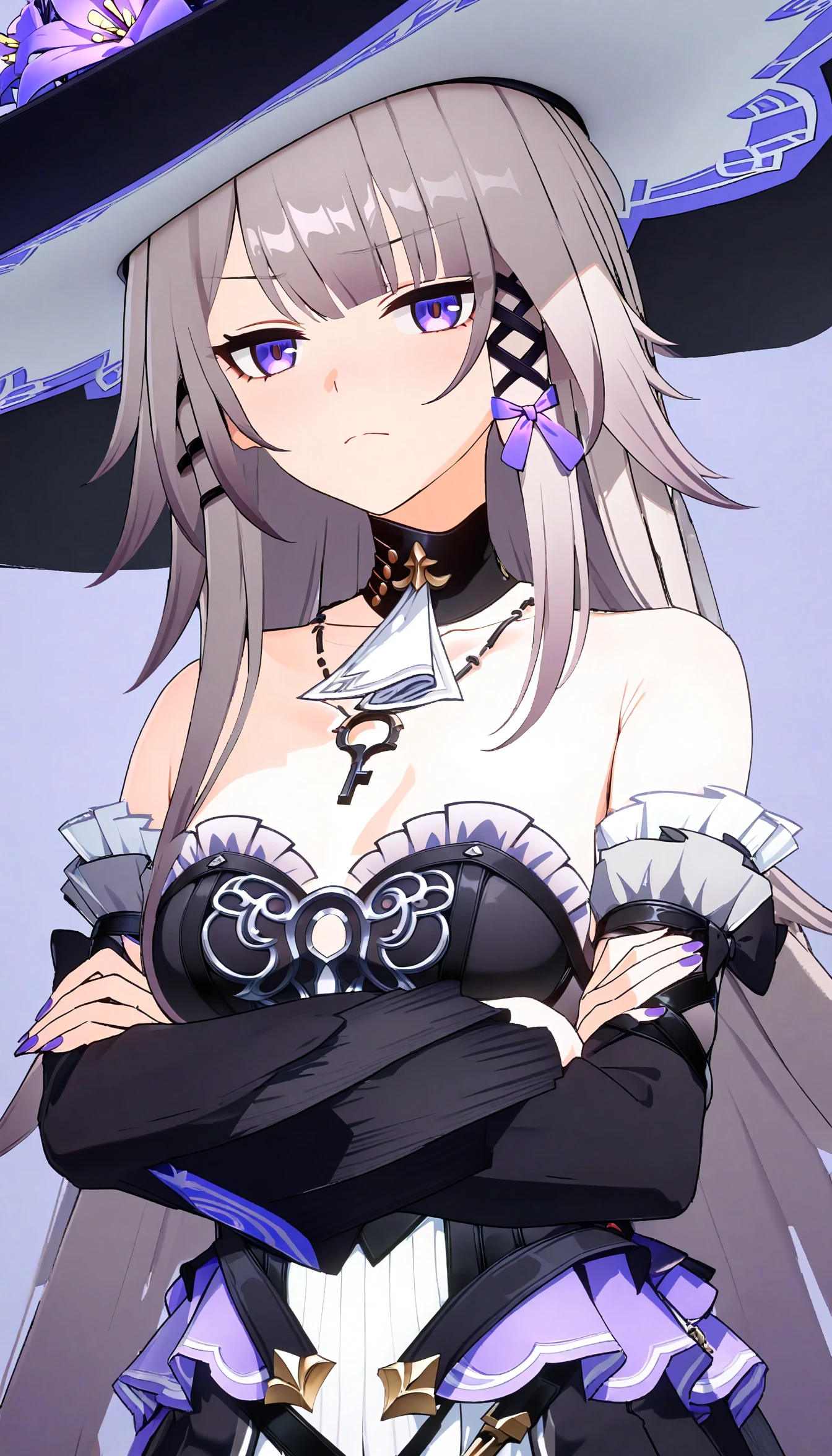 (best quality,8K, masterpiece,simple background,none background :1.3),anime,The Herta, 1girl, young,solo,hat,purple eyes,closed mouth,long hair, detached sleeves, earrings,(clevage:1.2),medium breasts,standing, (key necklace:0.8), keyhole on chest,nail polish,upper body, crossed arms, looking at viewer