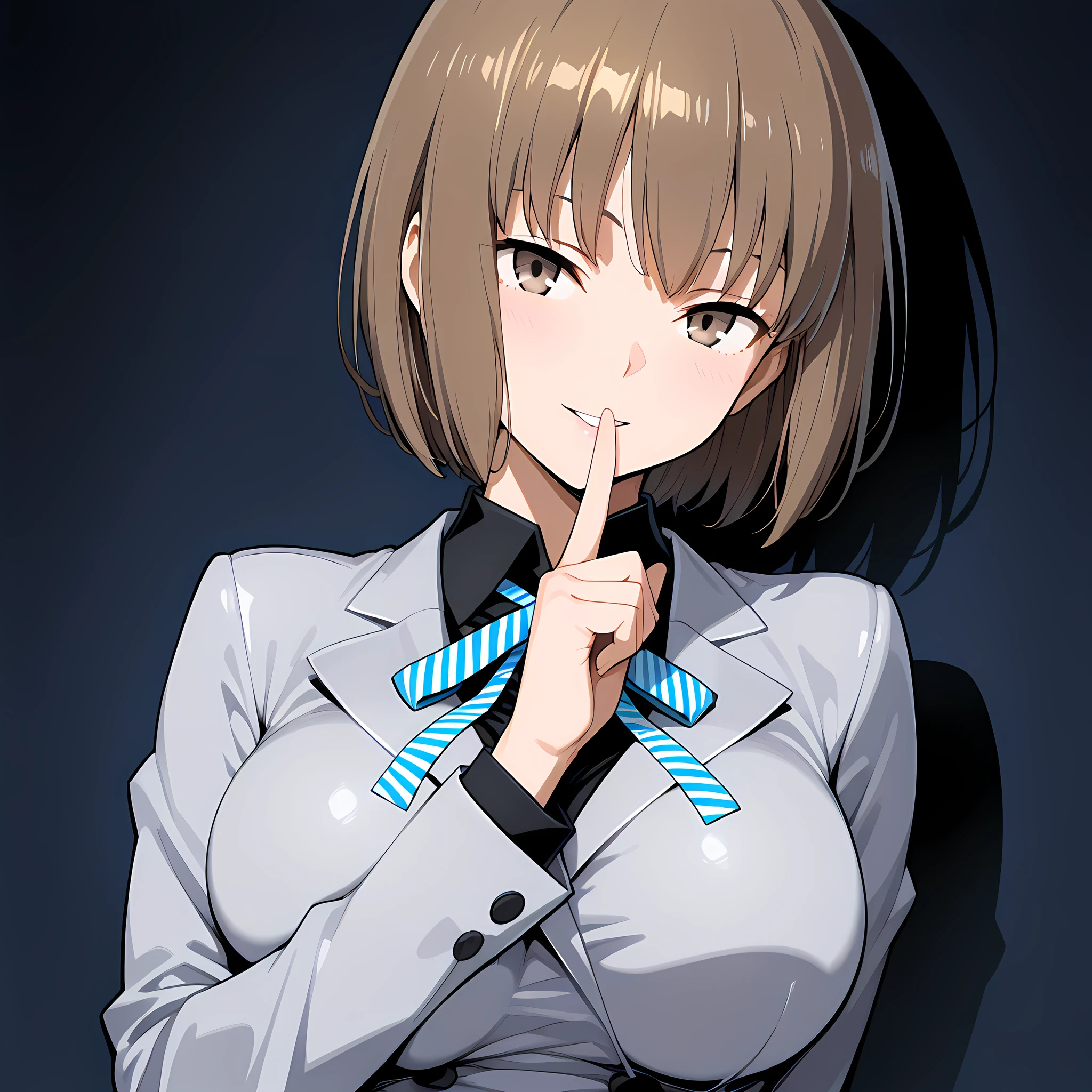 nitta_io(ds2), 1girl, solo, brown hair, short hair, large breasts, brown eyes, seductive smile, looking at viewer, ribbon, grey jacket, shushing, parted lip, finger to mouth, midnight, dark alleyway background<lora:NittaIo-IllustXL:1>, (masterpiece),(best quality),(ultra-detailed),(best illustration),(best shadow),(absurdres),(detailed background),(very aesthetic),