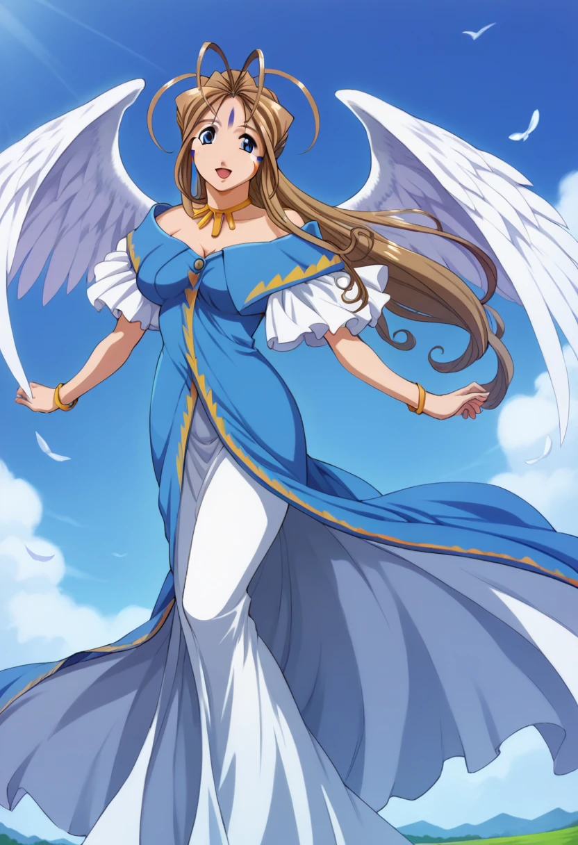score_9, score_8_up, score_7_up, score_6_up, score_5_up, score_4_up, masterpiece, best quality, BREAK,
1girl, blue_sky, <lora:Belldandy_Pony:1> belldandy, facial mark, long hair, brown hair female, bracelet, large breasts, antenna hair, wings, long dress,