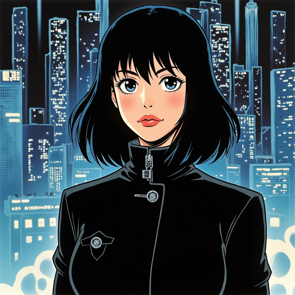 ((Retro 90s Anime style illustration)) drawing of a closeup on face of woman wearing a long black trench-coat futuristic city in the background in the style of the 90s anime Akira., <lora:Livtyler_FLUX_v1-merger_merger33_73_merger45_73_03_07:1.05>