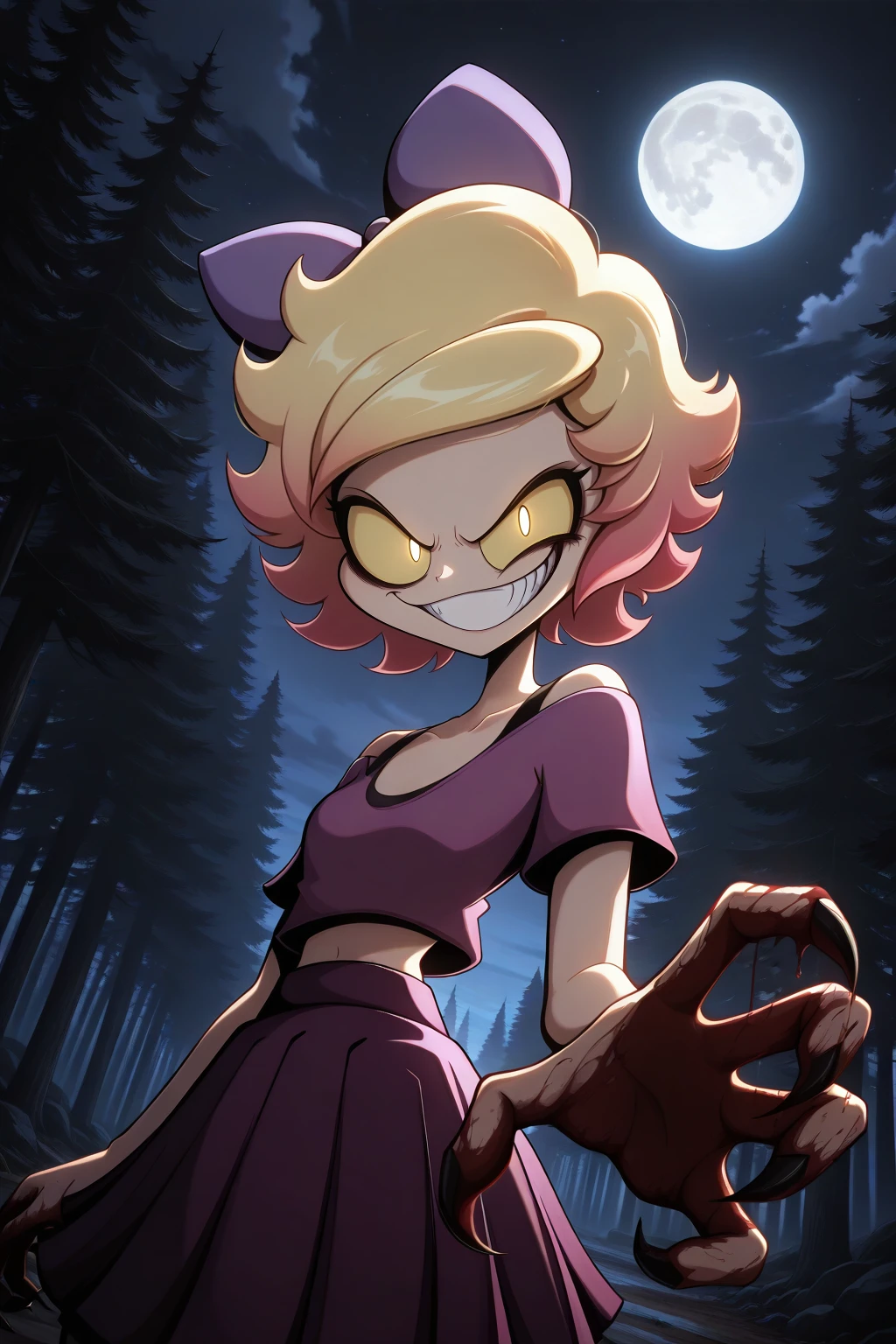 (masterpiece, high quality, highly detailed, best quality), SSCS,
Wendi, 1girl, solo, short yellow hair, gradient hair, purple hair bow, yerllow eyes, yellow colored sclera, glowing eyes, looking at viewer, evil smile, pink crop top, pink pleated skirt, claws, bloody hands, incoming attack, battle stance, upper body, dramatic angle, complex background, outdoors, forest, night, moon, cinematic lighting, volumetric lighting,
(masterpiece, high quality, highly detailed, best quality)