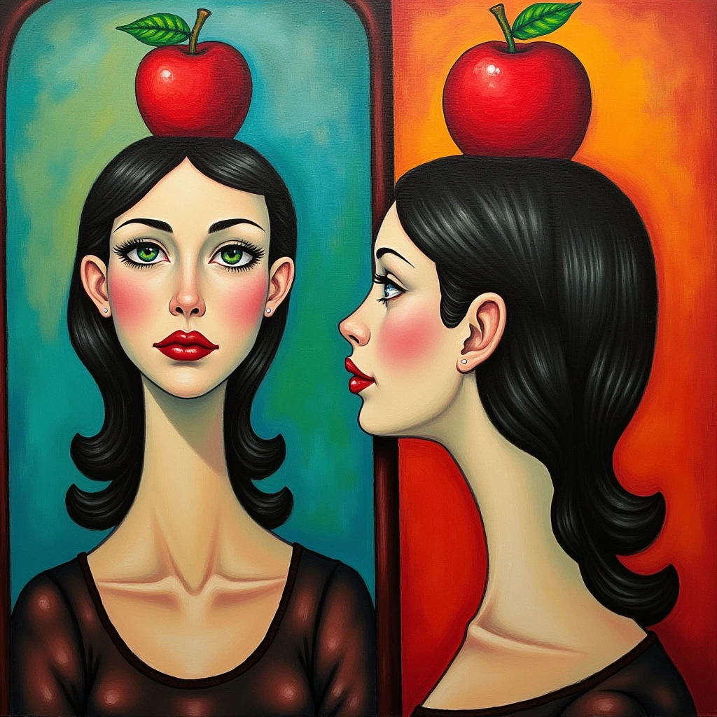 Abstract Surrealist cubist painting depicting a woman with green eyes and a red apple on her head looking at herself in the mirror., <lora:Livtyler_FLUX_v1-merger_merger33_73_merger45_73_03_07:1.05>