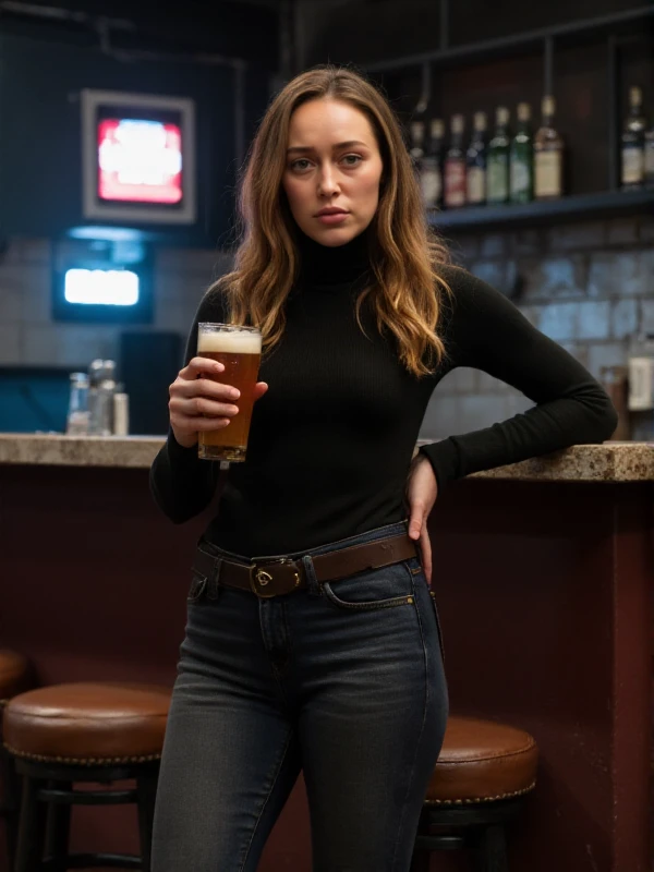 <lora:Alicia_Clark:0.9>  alicia clark, a woman with long hair, realistic, wears a turtleneck and tight jeans. she holds a beer in a Post apocaliptic pub