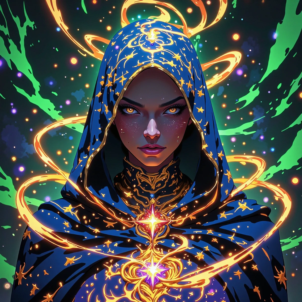 A mystical, otherworldly woman draped in a celestial-themed hooded cloak, intricately adorned with glowing constellations, stars, and cosmic patterns. The cloak is a rich, deep blue, resembling the night sky, and shimmers with golden and multicolored lights that weave and pulse like living energy. The womanâs face is partially shadowed by the hood, adding an air of mystery, with her sharp features illuminated softly by the cosmic glow. Her skin is subtly speckled with star-like freckles, blending seamlessly with the cosmic theme.
Her lips are painted in a bold, deep shade of crimson, adding contrast to her ethereal look. Her piercing, otherworldly eyes gaze directly ahead, exuding wisdom and an enigmatic allure. The background is a swirling aurora of vibrant green, teal, and purple hues, reminiscent of a nebula, filled with a soft glow and floating orbs of light that appear to dance around her.
The atmosphere is magical and serene, with a sense of cosmic power and mystery. Golden strands of light wind around her cloak and extend outward, blending into the ethereal surroundings. The overall composition feels luminous, with a harmonious balance between the glowing cloak, her radiant presence, and the swirling, celestial backdrop.
