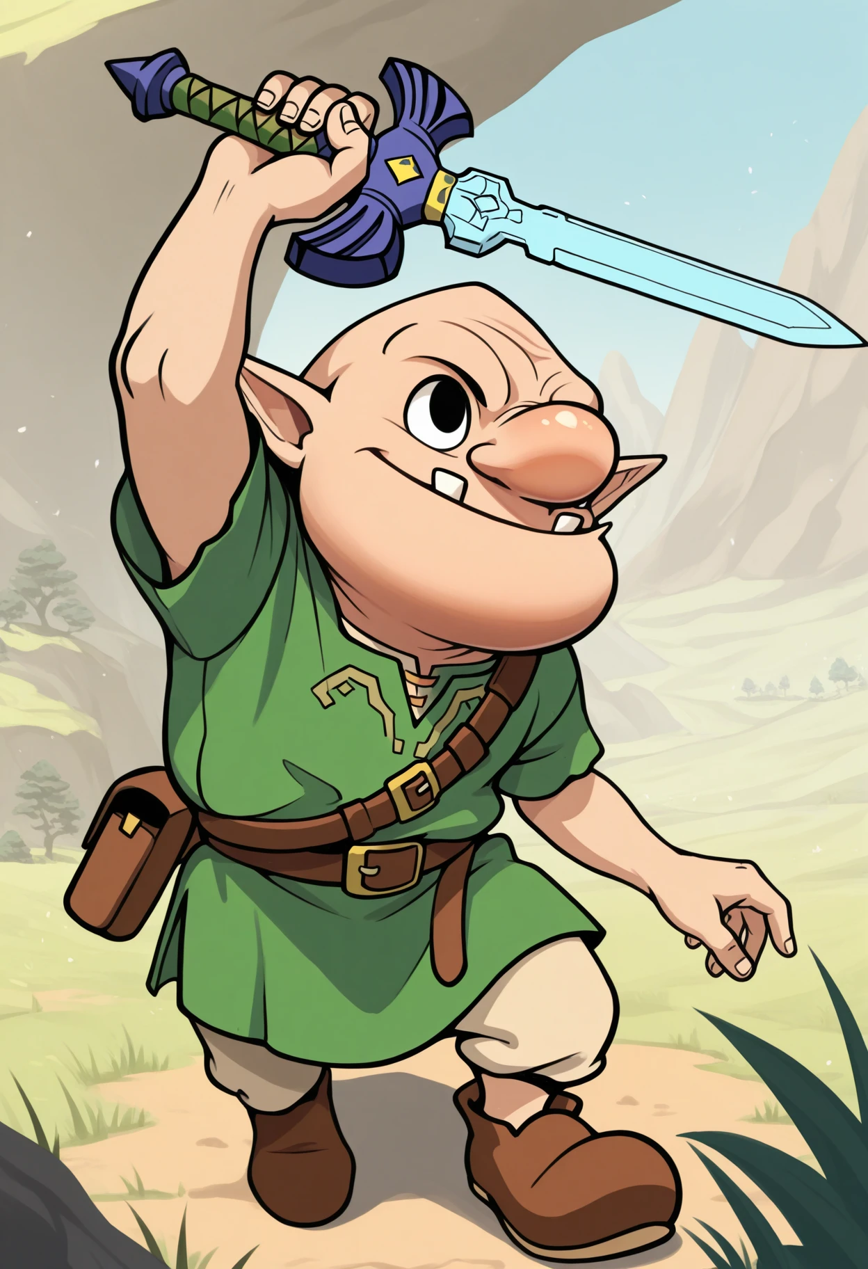 masterpiece, best quality, 1boy, (link:0.8), cosplay, full body, <lora:DampeLoZ-illu:1> dampe, bald, big nose, pointy ears, black eyes, closed mouth, smile, teeth, master sword, holding sword, arm up, outdoors, day, official art