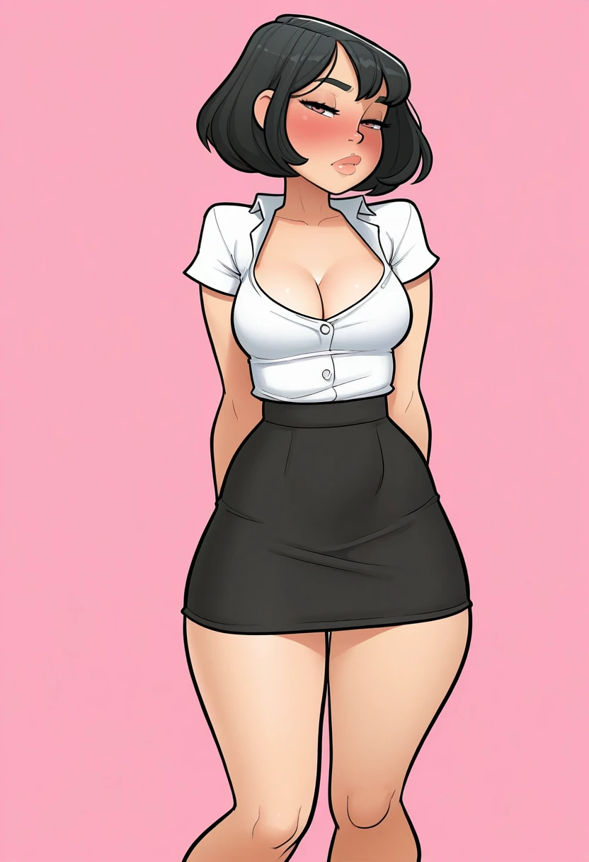 masterpiece, best quality,
<lora:jab:1> J0t44b, 1girl, solo,standing,looking at viewer, half-closed eyes, blush,black hair, short hair,white shirt, short sleeves, cleavage,black skirt,pink background, simple background,