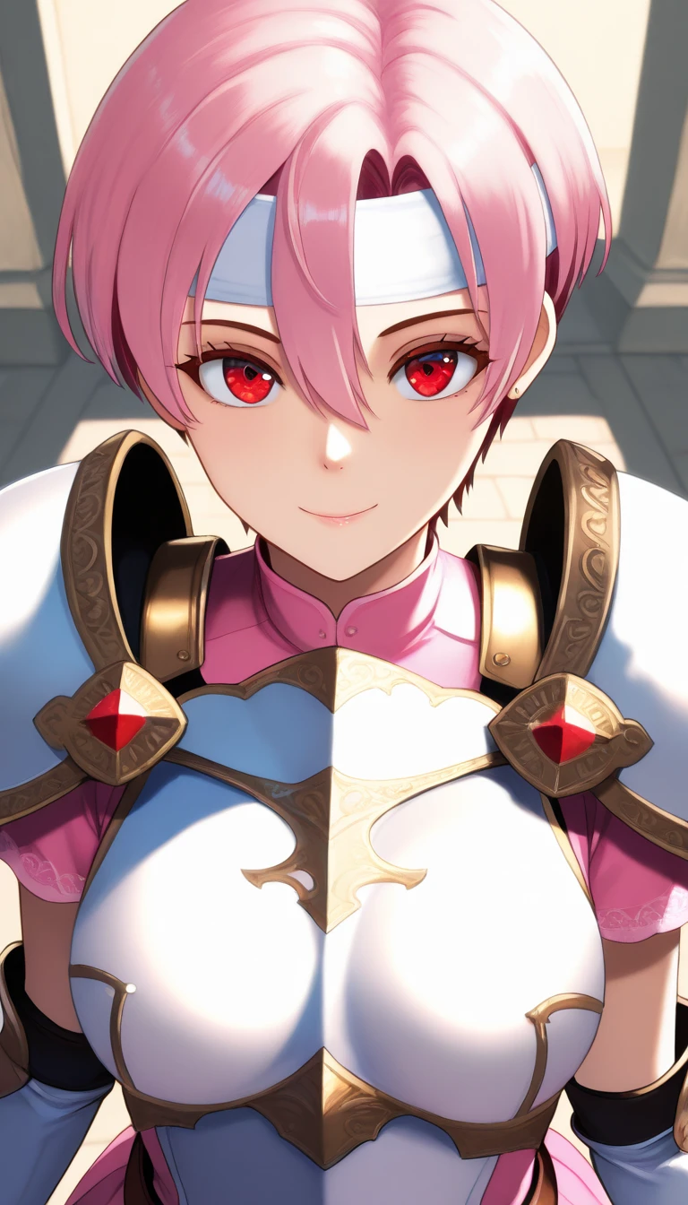 1girl, solo, at palace <lora:feest_ill_v0.94:0.8> feest, Light Pink,  very short hair, bangs, hair between eyes, red eyes, big eyes
white headband,  white armor, pauldrons,  face focus, looking at viewer
upper body, anime style
pink dress, short sleeves, short dress, elbow gloves, 
masterpiece, best quality, extremely delicate and beautiful, highres, original, masterpiece, best quality, good quality,