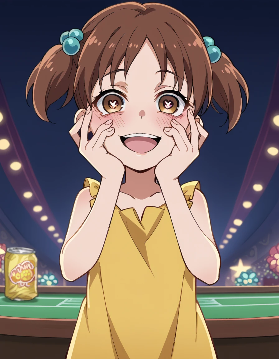 score_9, score_8_up, score_7_up, source_anime, <lora:kana-hazamaya-s1-ponyxl-lora-nochekaiser:1>, kana hazamaya, short hair, brown hair, hair ornament, twintails, brown eyes, hair bobbles, short twintails, child, anime screencap,, dress, sleeveless, yellow dress, casino, games, lights, chips, luck, , <lora:yandere-trance-ponyxl-lora-nochekaiser:1>, yandere trance, yandere, hands on own cheeks, hands on own face, crazy eyes, crazy smile, crazy, heart-shaped pupils, glowing eyes, symbol-shaped pupils, hand on own face, open mouth, glowing, blush, looking at viewer,, looking at viewer, solo,, dutch angle, cowboy shot