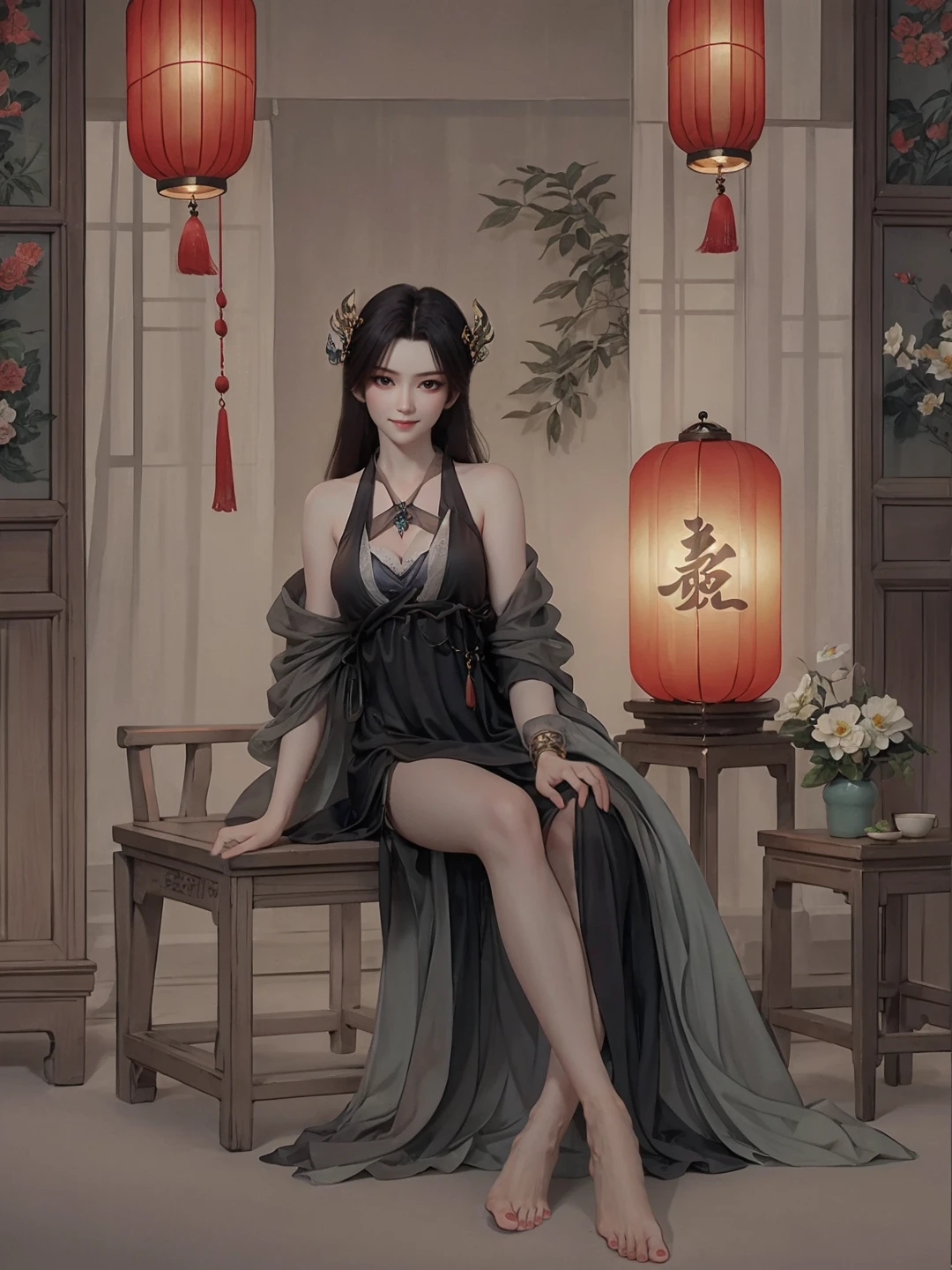 caoying,1girl,solo,light smile,closed mouth,hair ornament,jewelry,(huge breasts),barefoot,feet,toes,red toenails,(dress:1.3),sitting,(looking at viewer),indoors,(east asian architecture,lantern),depth of field,Highly detailed,(best quality:1.5,masterpiece:1.5),<lora:caoying-000010:0.9>,<lora:æè£å¢å:-0.5>,