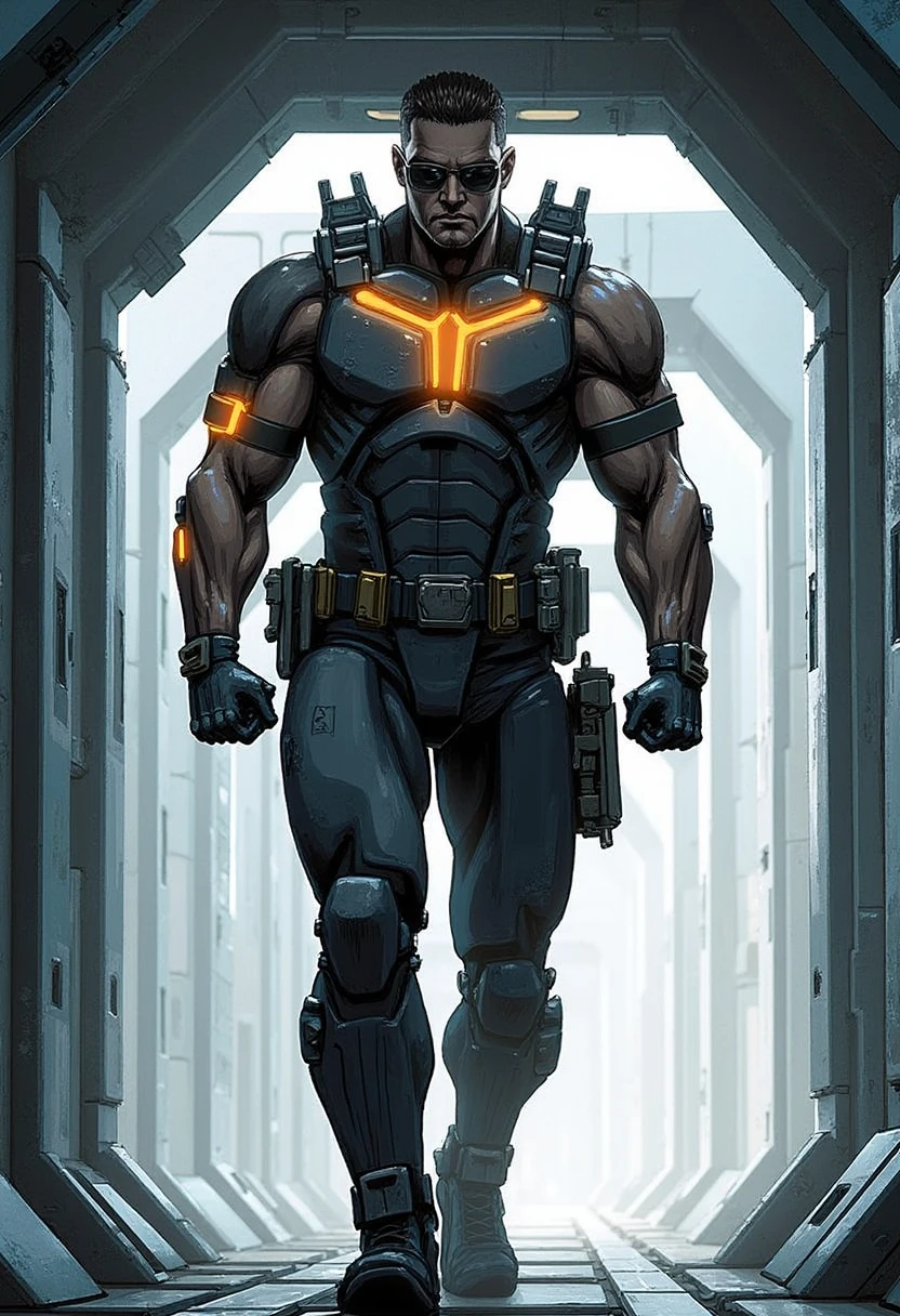 YFG-Hamrater Comic style, medium shot, cold, diffused lighting from the ceiling, casting soft shadows on the character as he walks forward down a narrow, metallic corridor. The man wears a futuristic black tactical suit with glowing orange accents on his shoulders and chest. His confident stance is accentuated by his muscular build and hands clenched into fists. He sports dark sunglasses and a focused expression. The angular lines of the corridor walls create strong leading lines that guide the viewer's eye toward the character. The background is blurred, emphasizing the character in sharp focus, adding to the sense of motion. (by J. Scott Campbell:1.3)