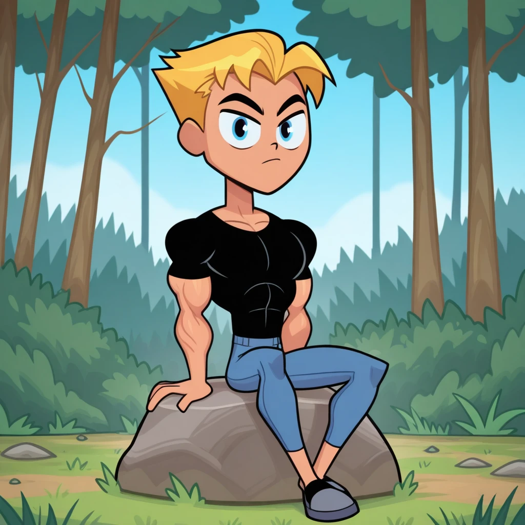 masterpiece, best quality, TTG, chibi, 1boy, solo, blonde hair, blue eyes, short hair, muscular, black shirt, blue pants, sitting on rock,  <lora:TeenTitanGo_illustrious_Leaf1:1>, looking at viewer, forest, blue sky,