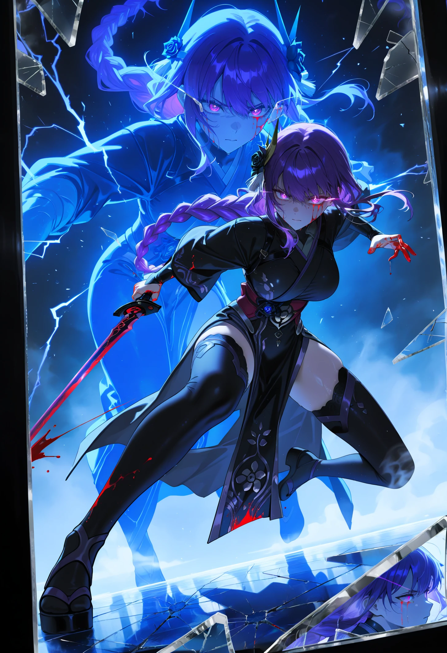 masterpiece, best quality, newest, absurdres, highres, 1girl, purple hair, braided ponytail, braid, purple eyes, large breasts, hair ornament, thighhighs, <lora:RaidenShogun_illusXLNoobAI_Incrs_v1.1:1>, sword, holding sword, electricity, thunder, foreshortening, dutch angle, outdoors, aura, angry, unlimited blade works \(fate\), blood, fighting stance, battle, motion lines, motion blur, blood on face, blood on clothes, blood on hands, abstract, breaking, shattered, glass, broken glass, monochrome, spot color, blue and black theme, dark, sad, floating hair, black kimono, gothic, black rose, thistles and thorns, flora, black and thick liquid, fog, blue butterfly, underlighting, strong visual impact, film lighting, (different reflection, reflection, glass shards:1.2), An ethereal sketch using lineart techniques and wet on wet painting, shatter across face, blood from eyes, tomoe \(symbol\), <lora:Detailer_NoobAI_Incrs_v1:1.1>, detailed, afterimage, slashing, <lora:BrokenGlass_illusXL_Incrs_v1:0.6>, eye trail, time paradox, magic, running, multiple views,