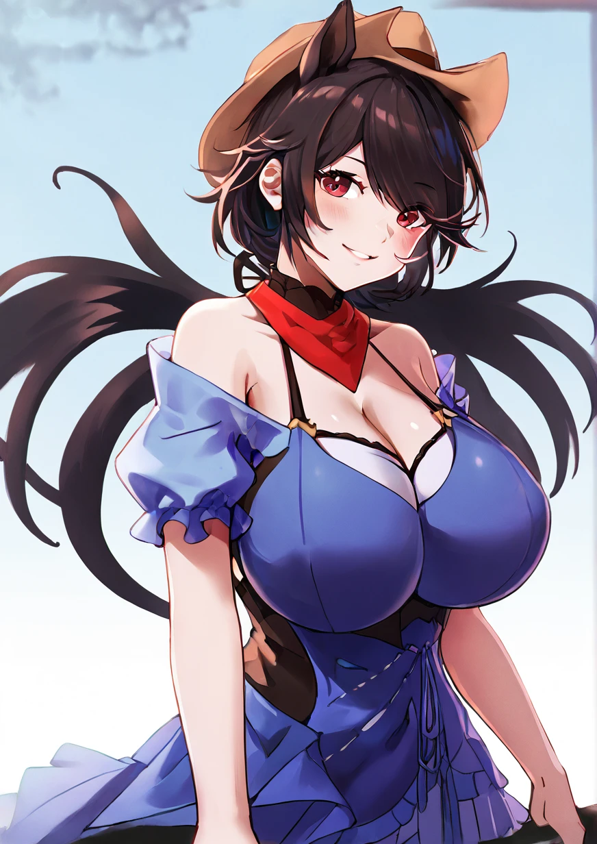 1girl, kurokoma saki, huge breast, , :3, animal ears, bandana, bare shoulders, black hair, black wings, blue shirt, blush, breasts, brown headwear, cleavage, cowboy, cowboy hat, cowboy western, dress, eyes visible through hair, frilled dress, frills, hat, horse ears, horse girl, looking at viewer, off-shoulder shirt, off shoulder, portrait, puffy short sleeves, puffy sleeves, red eyes, shirt, short hair, short sleeves, smile, solo, swept bangs, wings, , handfixer,zPDXL3 <lora:Breast Slider - Pony_alpha1.0_rank4_noxattn_last:3> <lora:HandFixer_pdxl_Incrs_v1:1> <lora:Faaallen:1>