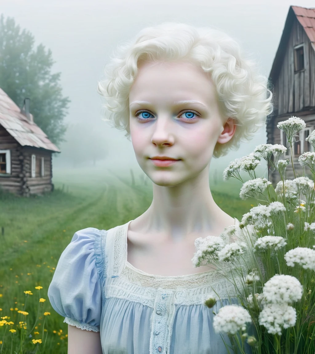 <lora:FemcloudSDXL:0.75>, a femcloud girl, pale skin, close up, cute, short hair, village, fog, grass, flowers, ((slavonic face)), ((real photo))