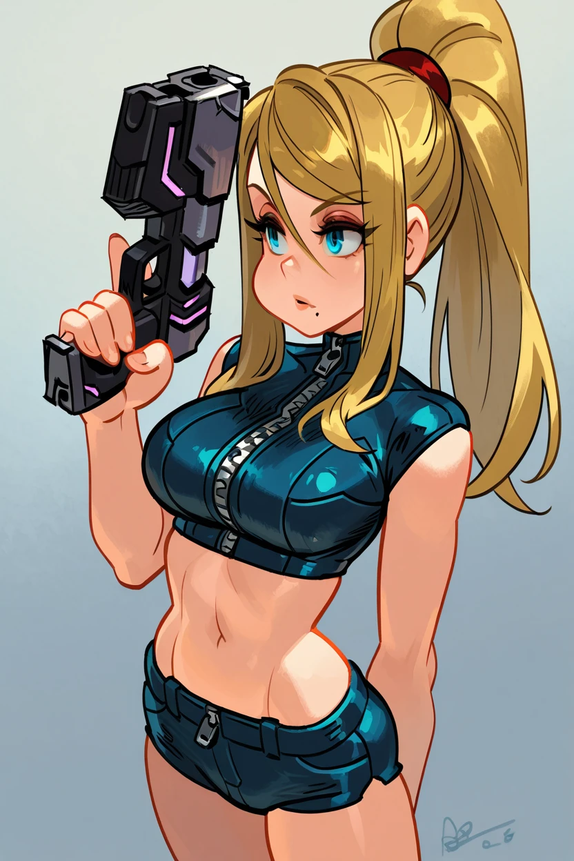 masterpiece, best quality, 1girl, solo, eyelashes, (beautiful eyes),    1girl, solo, long hair, breasts, blue eyes, blonde hair, navel, holding, medium breasts, ponytail, weapon, shorts, midriff, holding weapon, mole, crop top, gun, short shorts, holding gun, mole under mouth, handgun, zipper, blue shorts, samus aran ,<lora:AlexAhad_IXL_v1:1.0>,