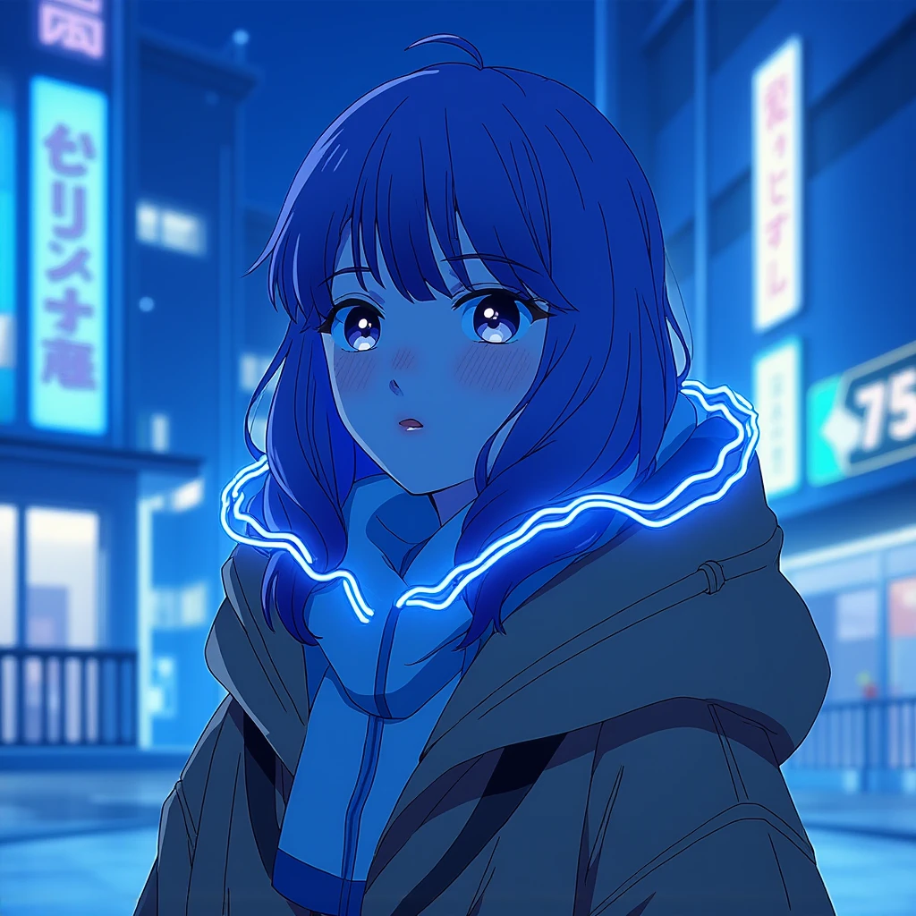 Cyberpunk Yuki with glowing blue hair and neon-lit armor, standing in a futuristic cityscape