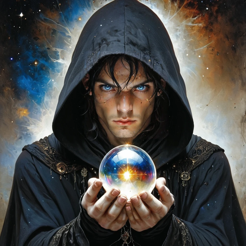 <lora:Ethereal_Gothic_RenaissanceSDXL:1> ArsMJStyle, Etherial Gothic,The image is a portrait of a young man wearing a black hooded cloak with a hood that covers his head. He is holding a crystal ball in his hands and appears to be in the process of casting it into the air. The man has long dark hair and is looking directly at the camera with a serious expression on his face. The background is dark and filled with stars and nebula giving the impression of a mystical and mystical atmosphere. The colors are vibrant and the overall mood of the image is intense and powerful., 1girl, solo, hood, blue eyes, black hair, looking at viewer, hood up, robe, upper body, realistic