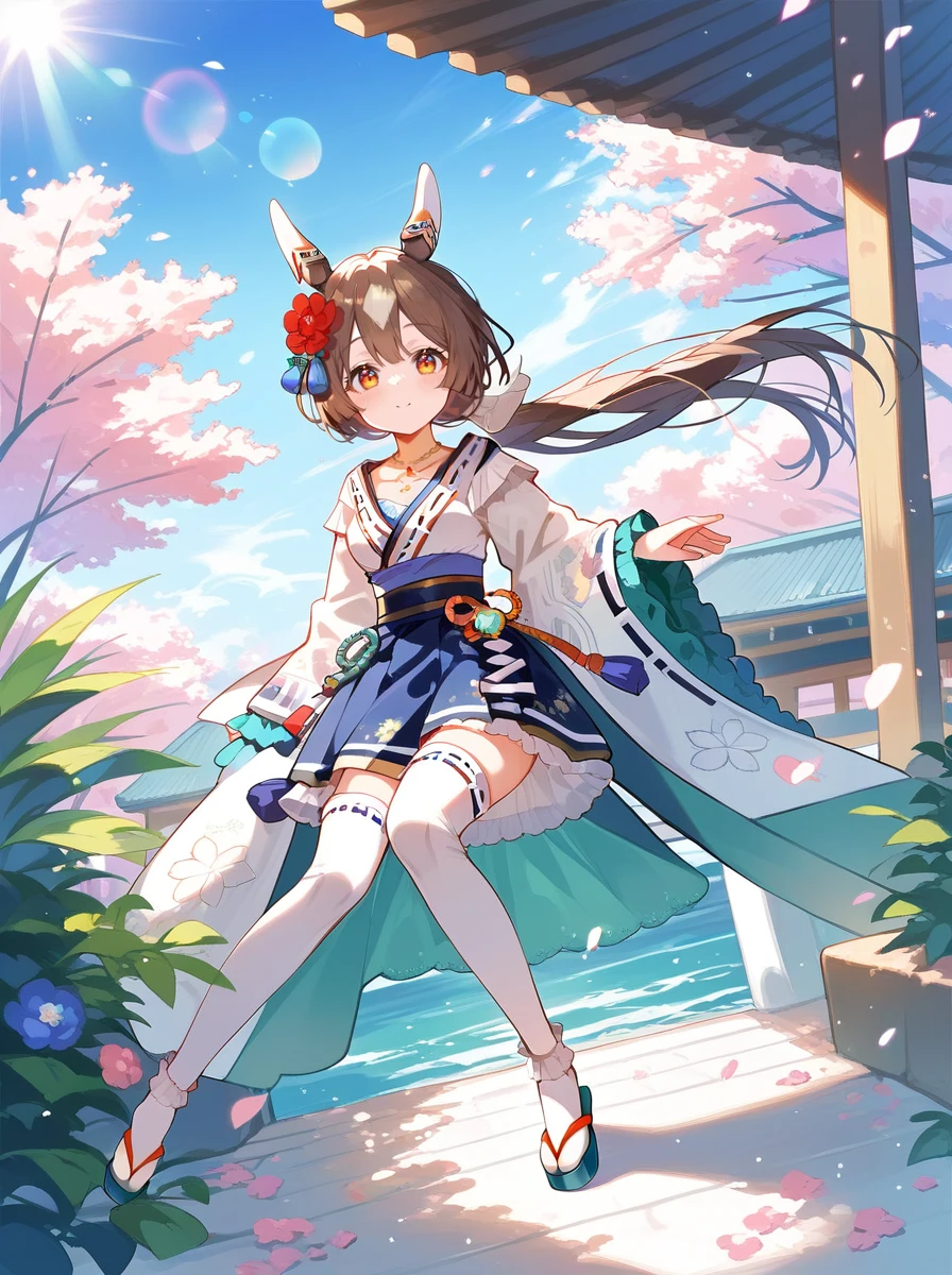 score_9, score_8_up, score_7_up, rating_safe, masterpiece, best quality, absurdres, unity 8k wallpaper, official art, official style, source_anime,
satono diamond \(umamusume\), 1girl, green frilled white thighhighs, horse ears, full body, horse tail, looking at viewer, green zouri, wide sleeves, zettai ryouiki, collarbone, low ponytail, blue kimono skirt, white ear covers, white tabi, multicolored kimono, blue obi, red hair flower, white necklace, light blue inner shirt
light rays,lens flare,light particles,beautiful detailed eyes,dynamic pose,dynamic angle,outdoor,
<lora:pony_satono_diamond_v1.02:1>