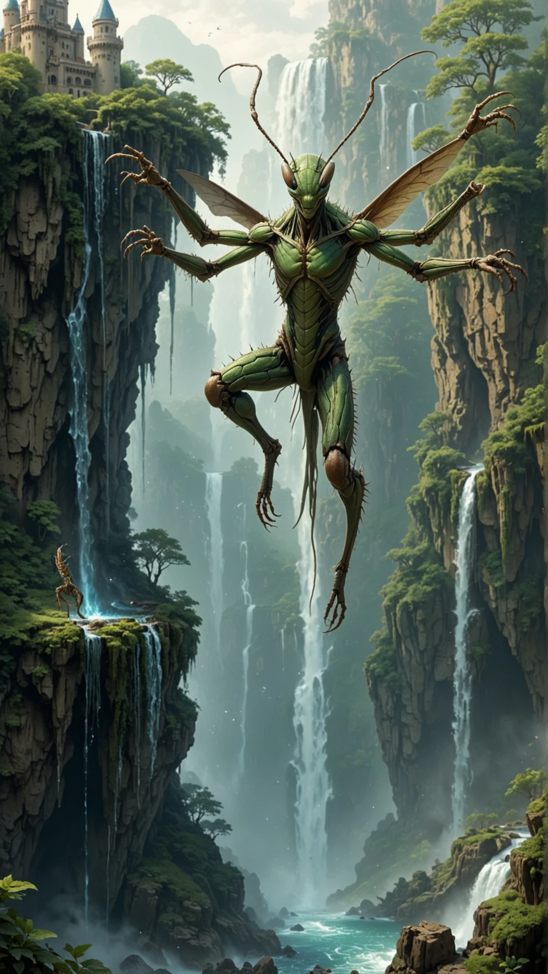 <lora:InsectHybridSDXL:0.8>human,  insecthybrid stick insect, the hybrid is a man, in location castle suspended on a floating island with waterfalls pouring down, full body, Leaping with one arm extended downward and one arm extended to the side,