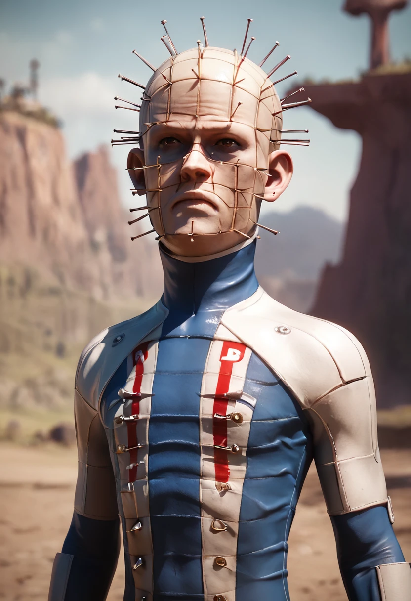 <lora:Pinhead-PXL:1> Pinhead-PXl, Pinhead, solo, grumpy, skinny, 1boy, portrait, floating island, blurry background, Bronze Rugby uniform, , spiked helmet, , hands_on_hips, straight-on, , source_anime, 3D, realistic,, score_9, score_8_up, score_7_up, score_6_up, score_5_up, score_4_up