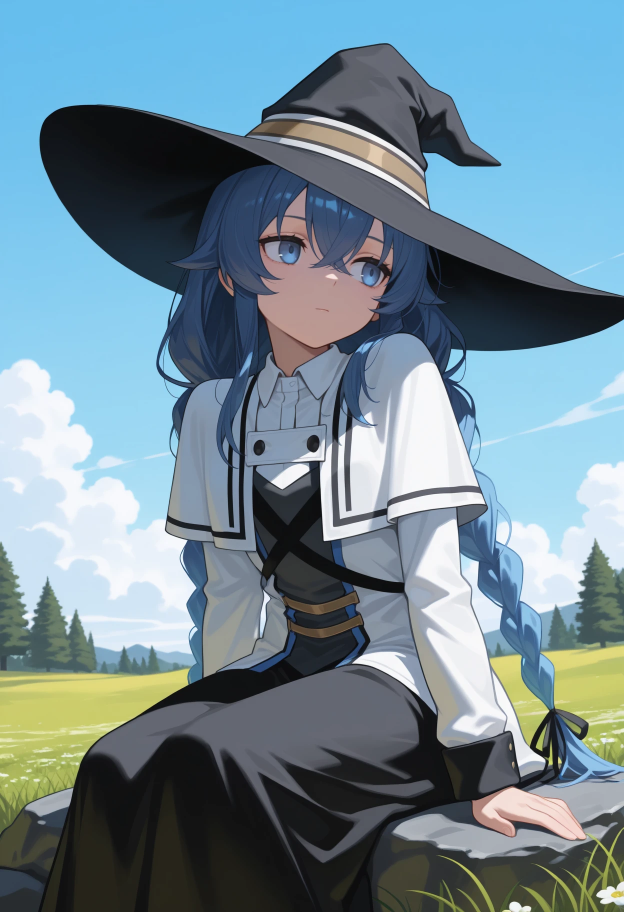 masterpiece, best quality, solo, 1girl, rxmg, expressionless, looking to the side, sitting, on rock, arm support, blue hair, hair between eyes, crossed bangs, twin braids, hair ribbon, black ribbon, black headwear, witch hat, blue eyes, white capelet, collared capelet, white jacket, long sleeves, grey shirt, black skirt, outdoors, blue sky, cloud, grass, tree, flower
<segment:yolo-Anzhc Face seg 640 v2 y8n.pt,0.4,0.5//cid=1>