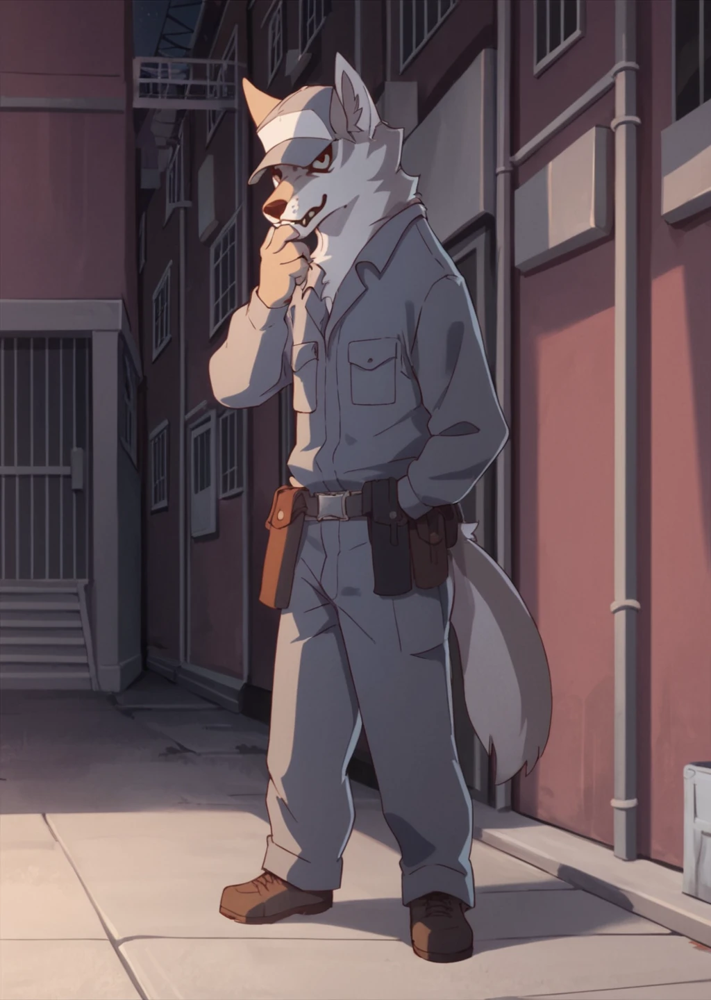 score_9, score_8_up, score_7_up, score_6_up, score_5_up, score_4_up, cute male furry feral chibi satowolf, standing in an alleyway, guarding, thoughtful, hand on mouth, furrowed brows, source_furry  <lora:Sato (Brand New Animal)_epoch_11:0.8> satowolf, anthro, furry, 1boy, patterned fur, grey fur, wolf tail, cap, overalls, utility belt, holster