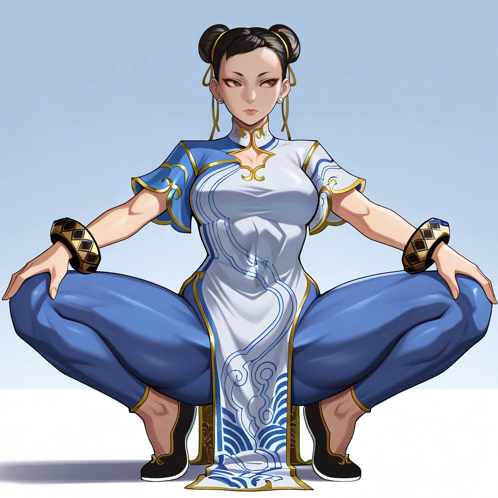 masterpiece, best quality, Chun-li_SF6, 1girl, solo, black hair, double bun, brown eyes, china dress, bracelet, blue pantyhose, black footwear, squatting, spread legs,  <lora:Chun-li_SF6_illustrious_Leaf1:1>,