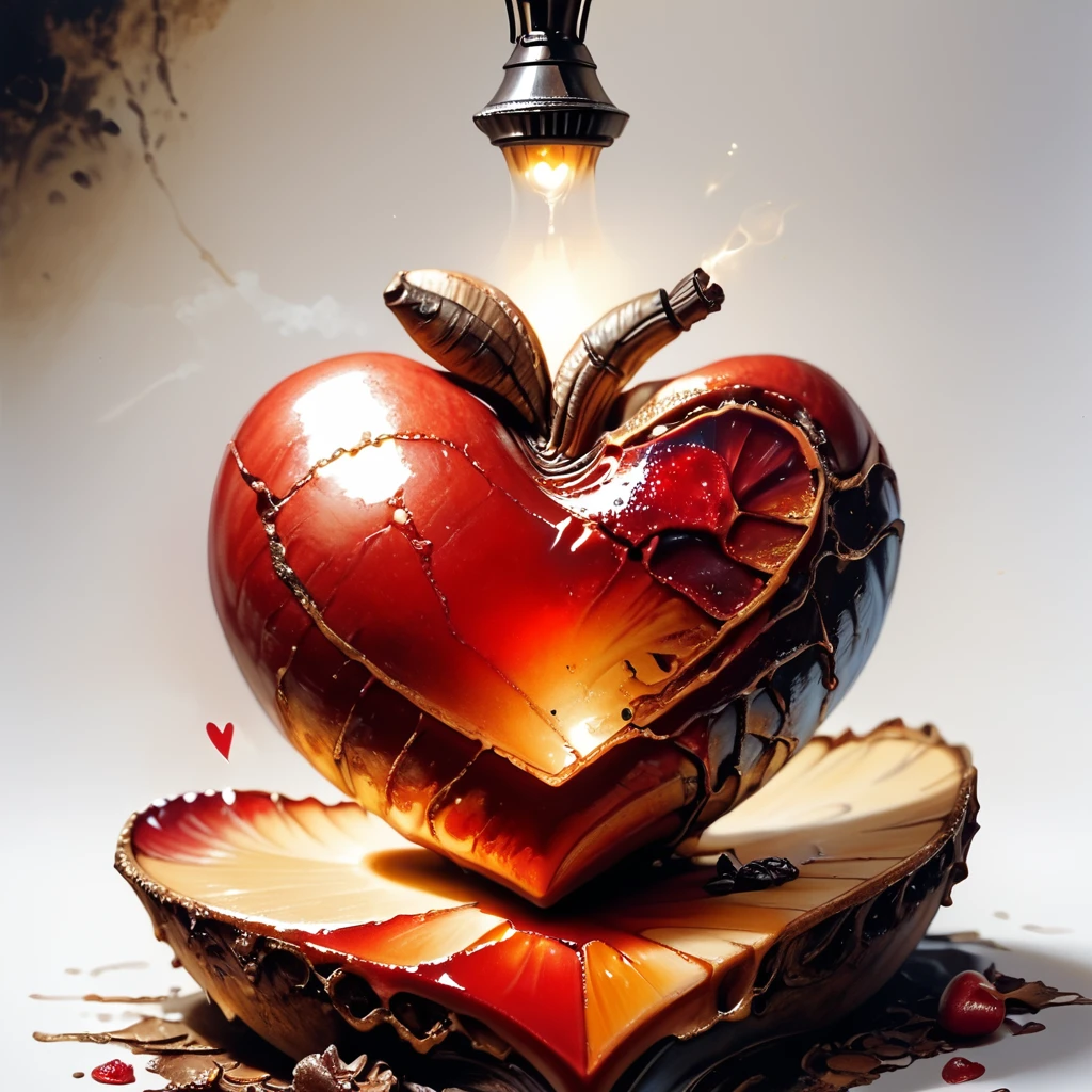 Score_9, score_8_up, score_7_up, score_6_up, BREAK <lora:Ethereal_Gothic_RenaissancePony:1> ArsMJStyle, Etherial Gothic, The image shows a painting of a red heart with a light bulb on top of it set against a white background., no humans, food, traditional media, still life, fruit, crack, heart, painting (medium), apple