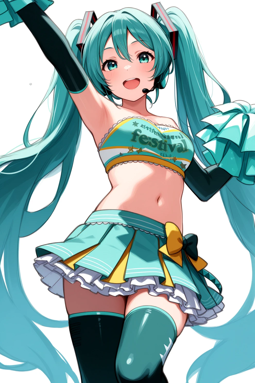 <lora:sifcheer:1>, sifcheer outfit, 1girl, elbow gloves, thighhighs, tube top, hatsune miku, aqua outfit, masterpiece, best quality