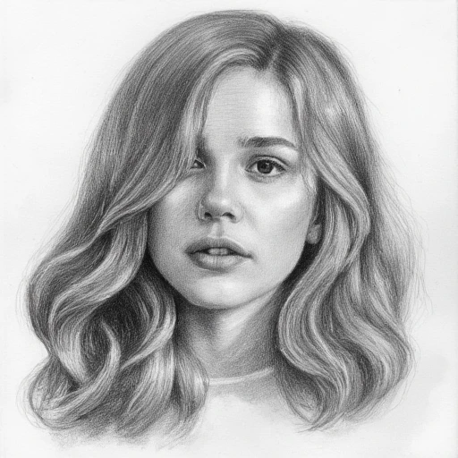 linea, A close-up portrait of a young woman with flowing hair, drawn in a highly detailed pencil sketch style. Her eyes are expressive, gazing thoughtfully to the side. The shading captures soft light falling across her face, with intricate cross-hatching for texture. Strands of hair are individually detailed, with natural flow and slight imperfections to mimic hand-drawn art. Grayscale shading emphasizes depth and highlights the natural beauty of pencil work