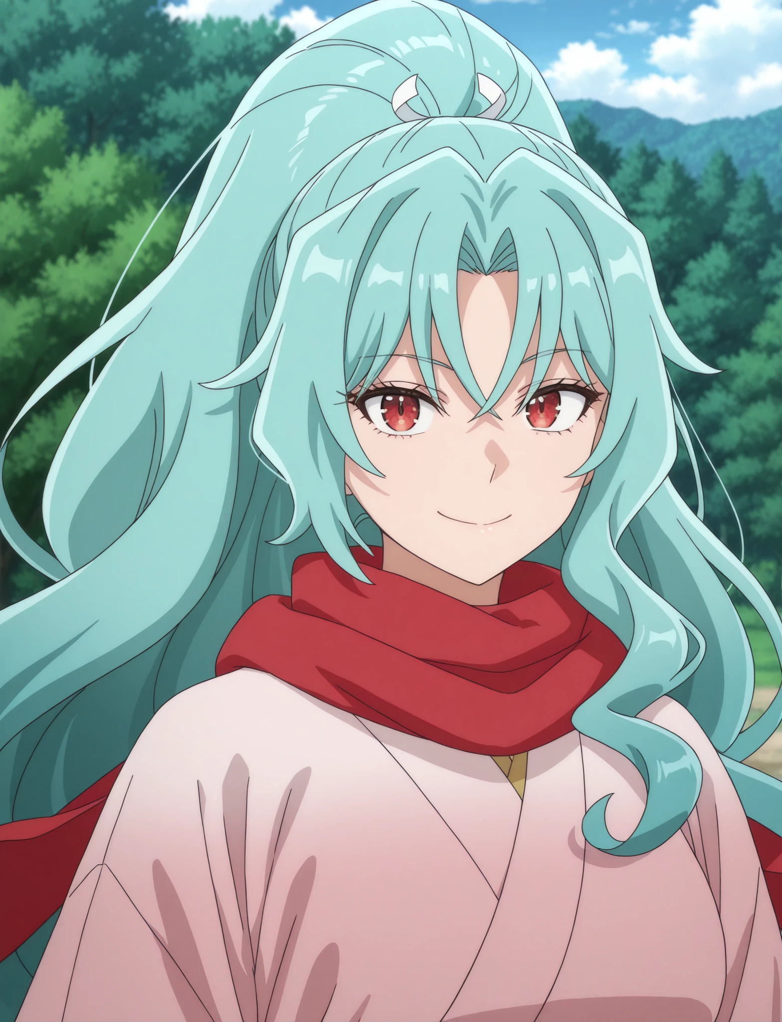 masterpiece, best quality, newest, absurdres, highres, anime screencap, 1girl, solo, <lora:MLF-Tomoe_ILL_epoch_14:1> tomoe-mlf, long hair, aqua hair, red eyes, ponytail, japanese clothes, red scarf, kimono,
outdoors, smile, looking at viewer,