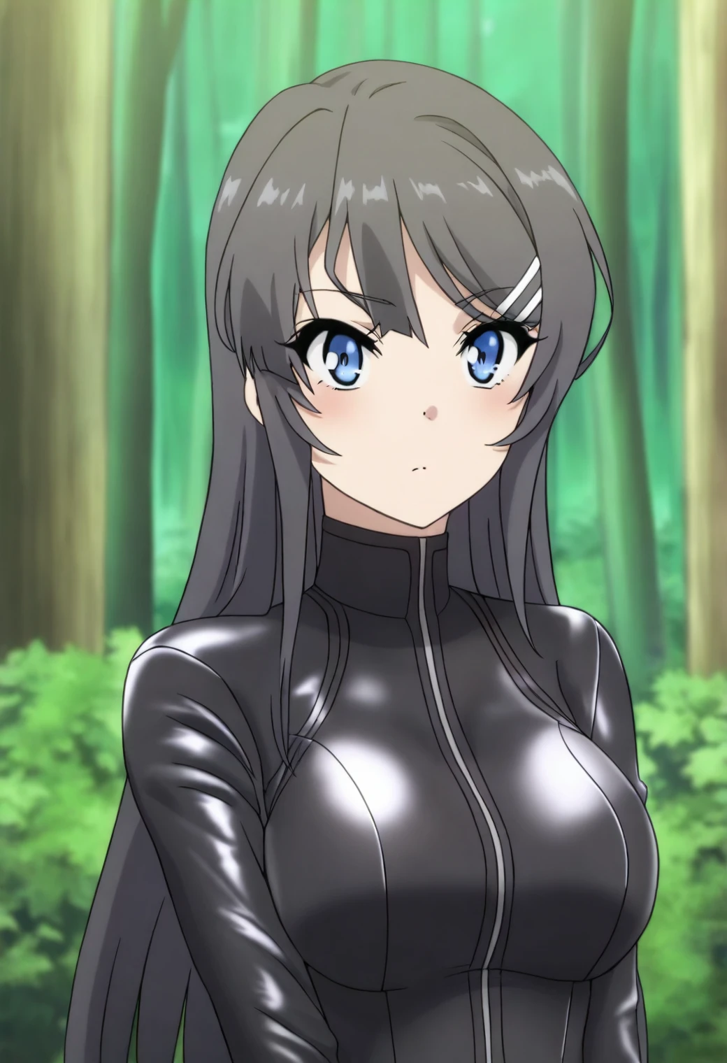 <lora:Mai Sakurajima - [Rascal Does Not Dream of Bunny Girl Senpai] - illustriousXL v1:1>, sysdeep_mai, blue eyes, black hair, long hair, hairclip, anime coloring, 1girl, solo, tight leather outfit, forest at dusk, bow and arrow, poised to strike