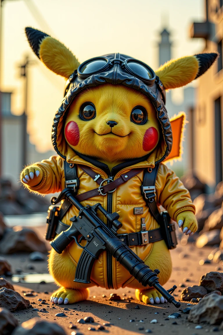 Post-Apocalyptic_Survivor,A cute and playful Pikachu,