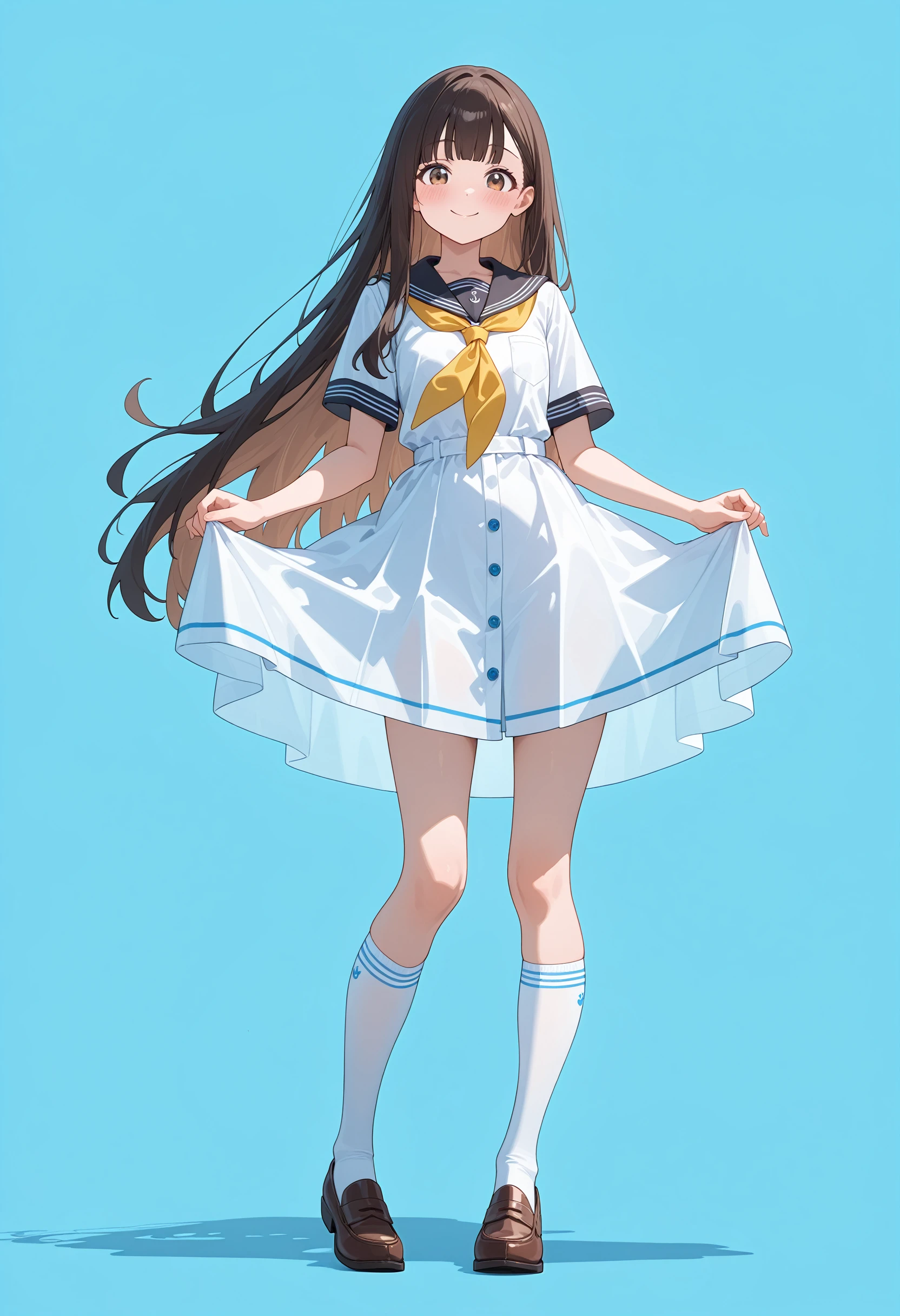 perfect quality,high quality,masterpiece,absolutely eye-catching,ambient occlusion,raytracing,nfront view,full_shot,
1girl,solo,long hair,looking at viewer,blush,smile,bangs,brown hair,black hair,dress,brown eyes,very long hair,school uniform,short sleeves,socks,sailor collar,white dress,neckerchief,kneehighs,brown footwear,loafers,sailor dress,black sailor collar,yellow neckerchief,NukumizuKaju Cyql,
full body,standing,\n/,
lightblue background,simple background,
<lora:Nukumizu Kaju_Illustrious by Cyql:0.8>,<lora:holographiccolor:0.5>,<lora:detailer_v5:0.5>,<lora:ponyv5_noobV065S_1_adamW:0.5>,<lora:DarkerThanBlackIllustrious:0.5>,<lora:Aura_r1:0.5>,<lora:laser_light_clothes_v0.5-pony:0.5>,detailerlora,laser light clothes,qxys,,