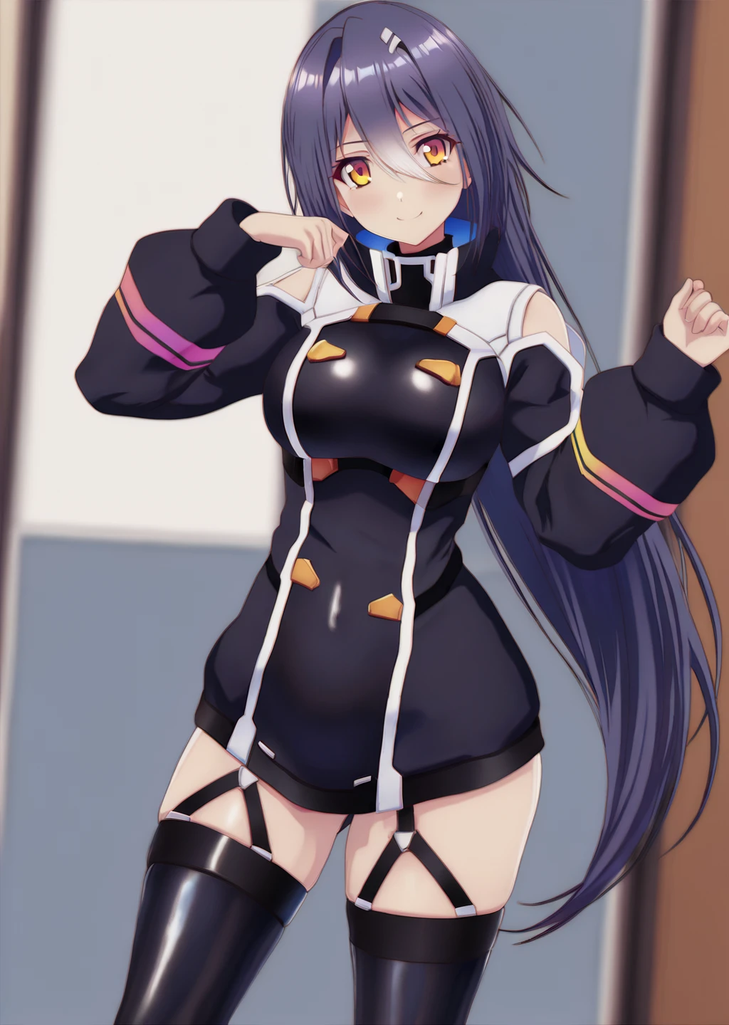 best quality: 1.0), (ultra high resolution: 1.0), animated movie, black long hair, red eyes, nipple, standing, full body, smiling face, alone, looking at viewer, big bust, sagging breasts, complete body, cleavage, clavicle, naked, exposure, clitoris, thighs, calf, bare foot, closed mouth, adult women, standing, straight on, classroom background