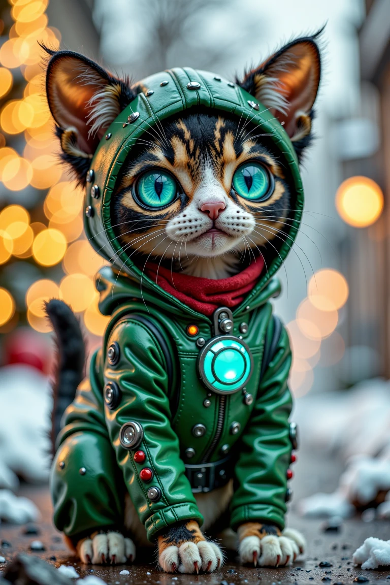 Post-Apocalyptic_Survivor,A cute and playful cat bot dressed in a festive Christmas outfit,featuring a sleek,futuristic design. The outfit showcases a stylish two-tone color scheme of vibrant green and cyan,with intricate holiday-themed patterns **** snowflakes and holly leaves subtly glowing along the edges. The cat bot's mechanical ears are adorned with small Christmas lights,and its glowing cyan eyes exude a cheerful holiday spirit. The background is a cozy,softly lit Christmas scene with a glowing tree,twinkling lights,and gently falling snowflakes.,