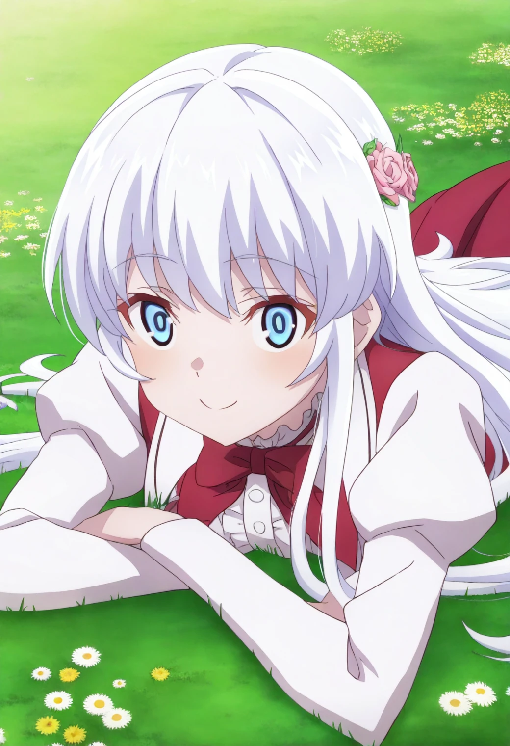 <lora:Dia Viekone - [The Worlds Finest Assassin] - illustriousXL v1:1>, sysdeep_dia, long hair, white hair, blue eyes, anime coloring, 1girl, solo, floral crown, meadow, lying in grass, dreamy smile