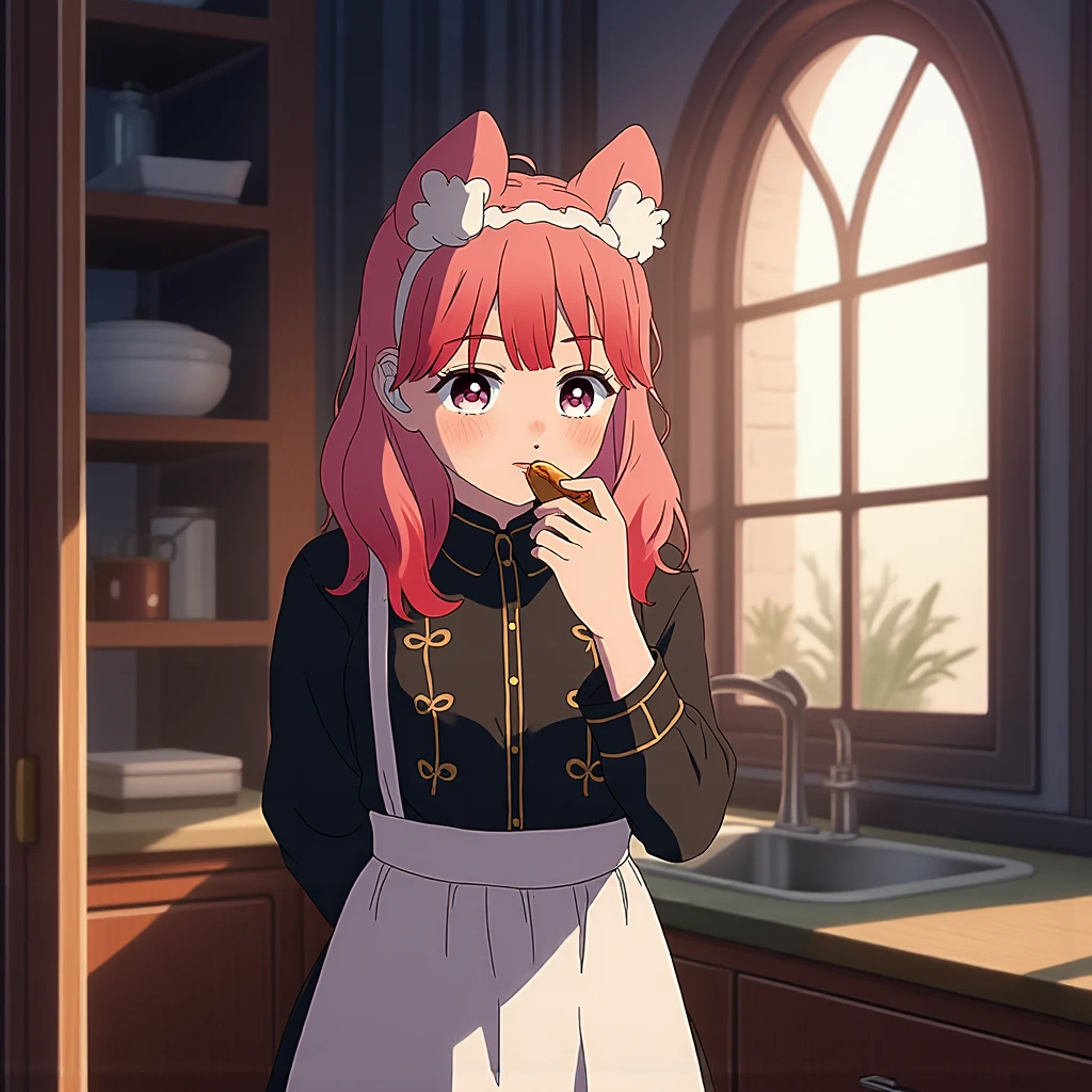 cute yuki with massive fluffy fennec ears and a big fluffy tail blonde messy long hair blue eyes wearing a maid outfit with a long black dress with a gold leaf pattern and a white apron eating a slice of an apple pie in the kitchen of an old dark victorian mansion with a bright window and very expensive stuff everywhere