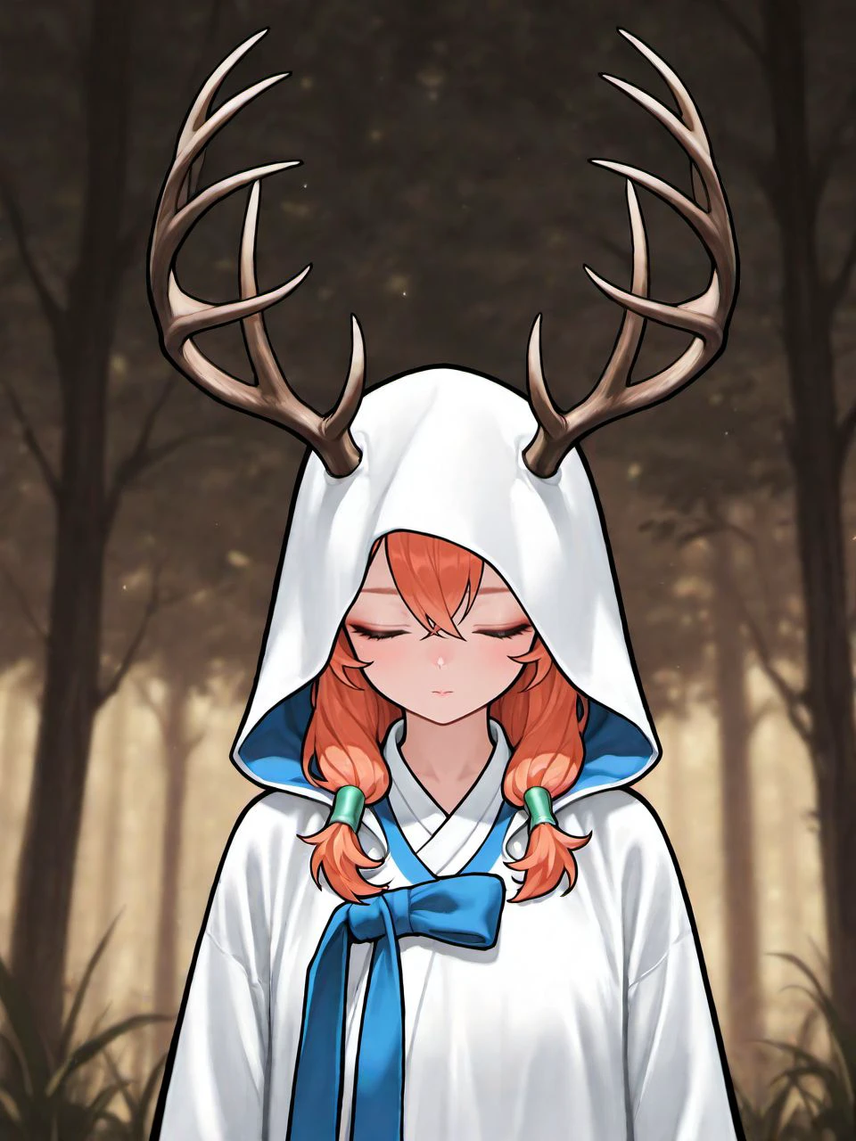 masterpiece, best quality, amazing quality, very aesthetic, high resolution,
heyra, solo, closed eyes, 1girl, hood, horns, korean clothes, robe, antlers,
<lora:heyra_race_v2_epoch_6:0.9>