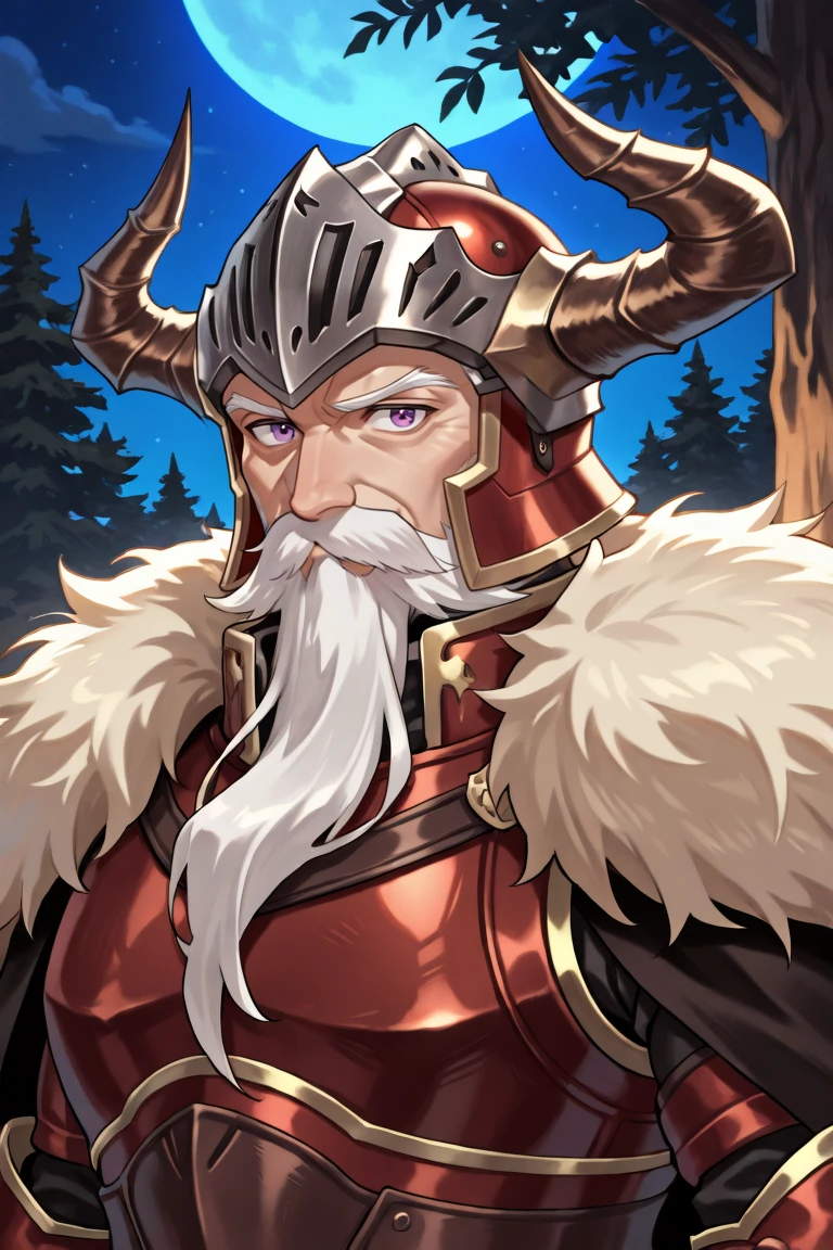 <lora:BaldusIL:0.8> , BldsDef, 1boy, purple eyes, white hair, beard, facial hair, mustache, horns, helmet, horned helmet, fake horns, armor, greaves, gauntlets, fur pauldrons, black cape, cape, old, old man, ((face, close-up, portrait)), night, exterior, looking at viewer, (solo), masterpiece, very aesthetic, absurdres, best quality, amazing quality, high resolution, detailed background,  <lora:illustrious_quality_modifiers_masterpieces_v1:0.8> ,