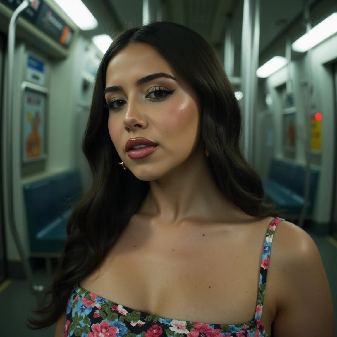 (A cinematic shot of <lora:Amanda_Diaz:1> a young woman with a light to medium skin tone. a stunning female model, wavy hair, makeup and mascara. She is wearing a colorful dress, standing in subway station looking at the viewer)