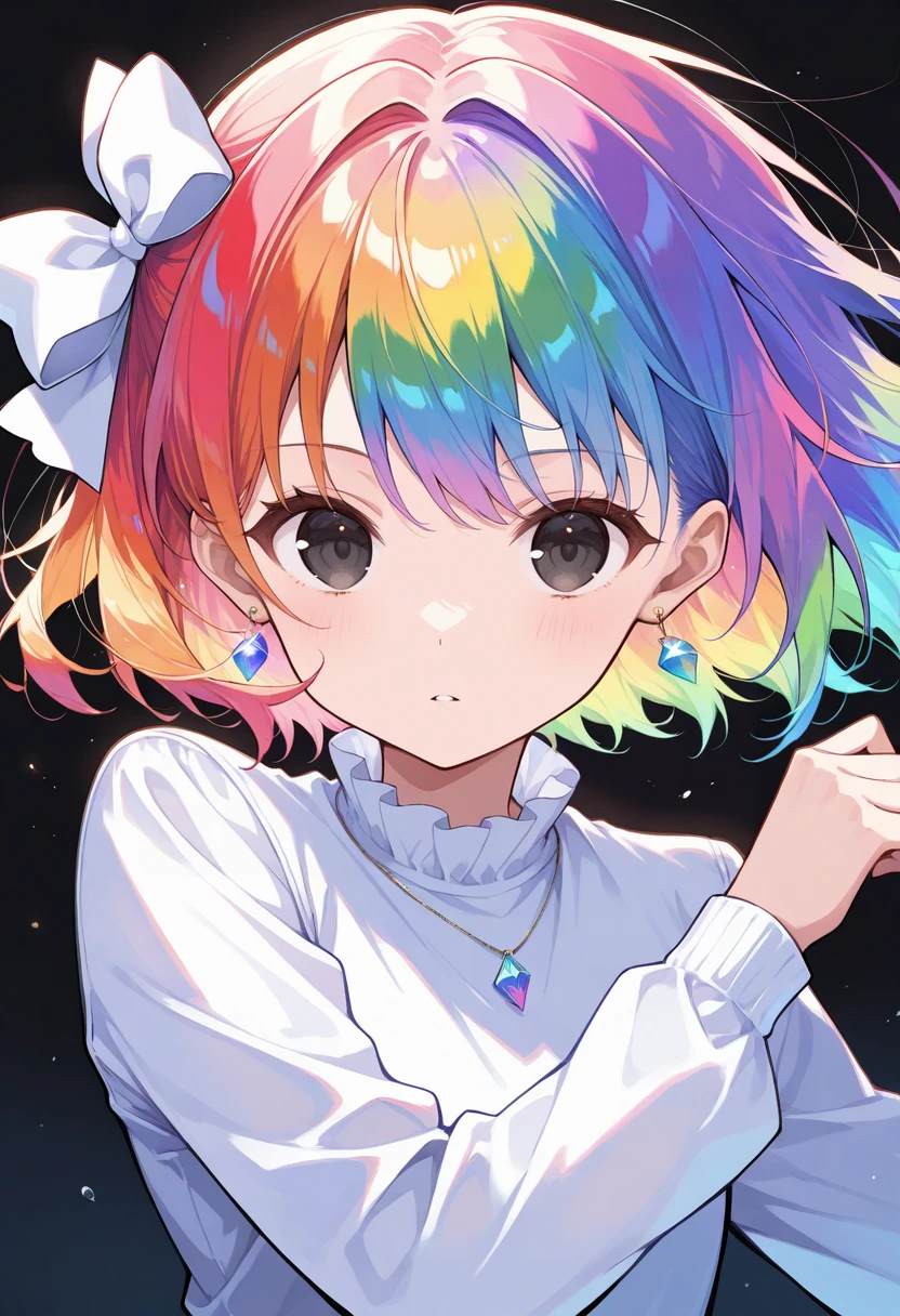 masterpiece, best quality, perfect anatomy, very aesthetic, ((outlined outlined vector graphics)),no norm,close up, front view, , cute face, (glow eyes:0.8), looking at viewer, glittering, glimmering, pink theme, 1girl,20yo, rainbow hair, black eyes,small breast, slender , jewelry, earrings, parted lips,, long sleeve,black , action pose , expressionless <lora:rainbow-hair-il-01:1>