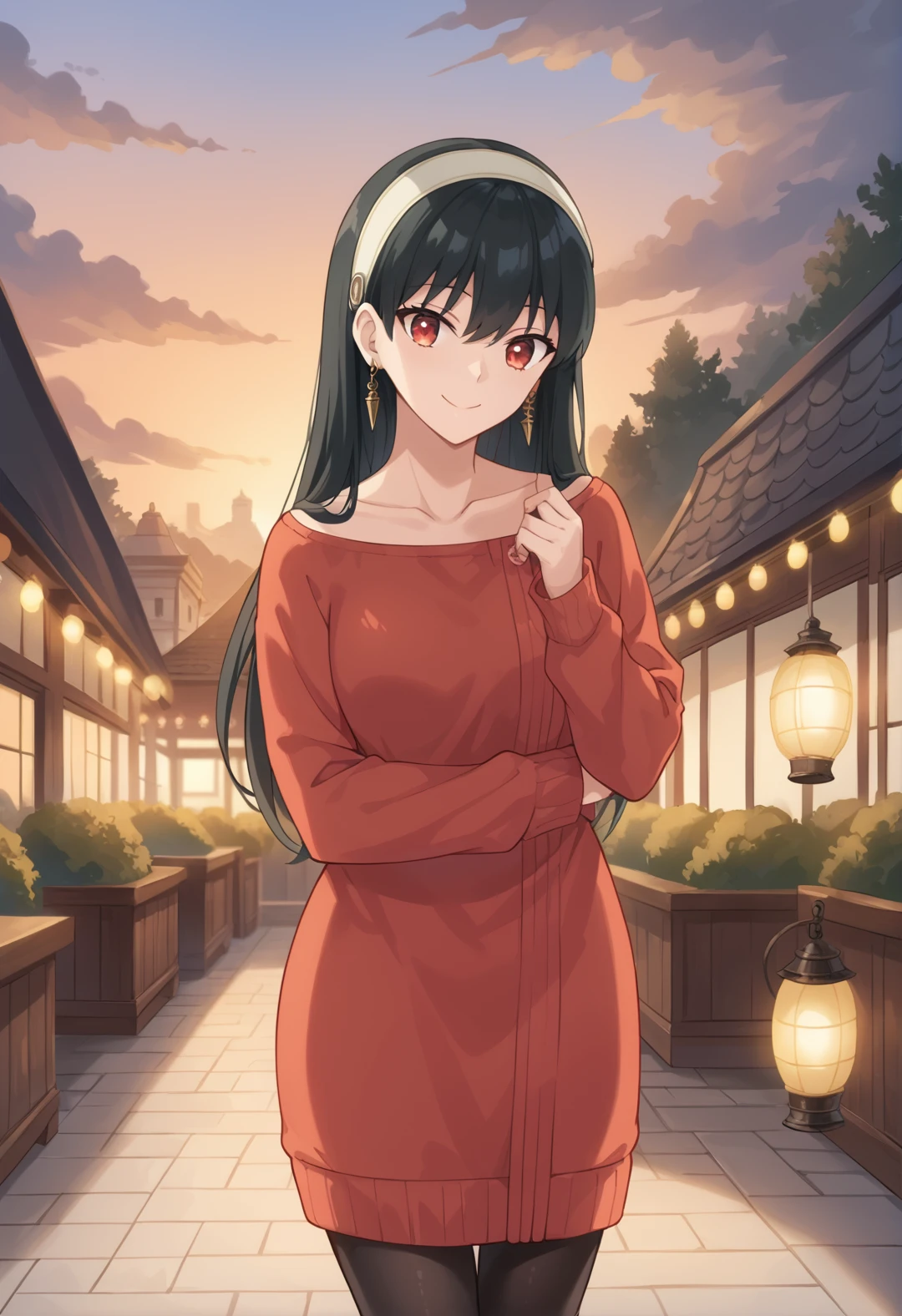 score_9, score_8_up, score_7_up, source_anime, masterpiece, best quality, highly detailed background, cinematic lighting, detailed eyes, detailed pupils, perfect face, Yor Forger, unique outfit,  looking at viewer, standing, cute, smile, park, lanterns, festival, clouds, sunset, dark, warm light, dutch tilt,
 <lora:Yor_Forger_Pony:0.8>