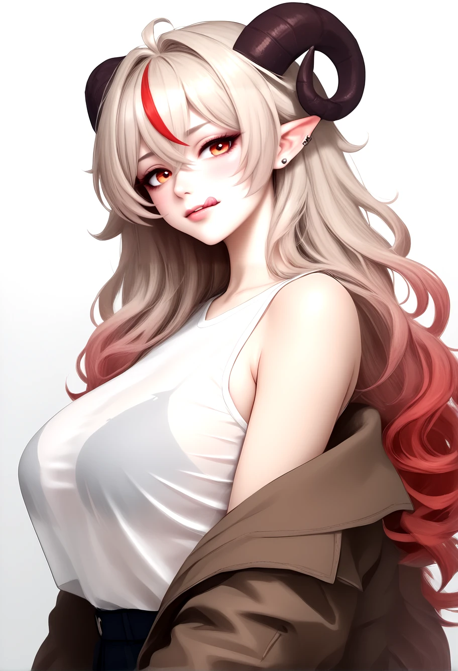 score_9,score_8_up,score_7_up,score_6_up,score_5_up,score_4_up,pointy ears,red nails,red eyes,colored tips,long hair,demon tail,hair on horn,crossed bangs,deep skin,horns,large breasts,streaked hair,demon girl,source_anime,hair between eyes,<lora:noa_original_ponyxl:1>,noa_original_ponyxl,light brown hair,(gradient hair),red hair,multicolored hair,<lora:Add_more_details_V2_XLpony:0.8>,full_details,1girl,:p,arched back,blush,bra visible through clothes,brown jacket,ear piercing,from side,jacket,jacket partially removed,licking lips,looking at viewer,nail polish,off shoulder,piercing,ringlets,see-through clothes,see-through shirt,sheep girl,sheep horns,shirt,simple background,sleeveless,sleeveless shirt,solo,standing,taut clothes,taut shirt,tented shirt,tongue,tongue out,upper body,white shirt,