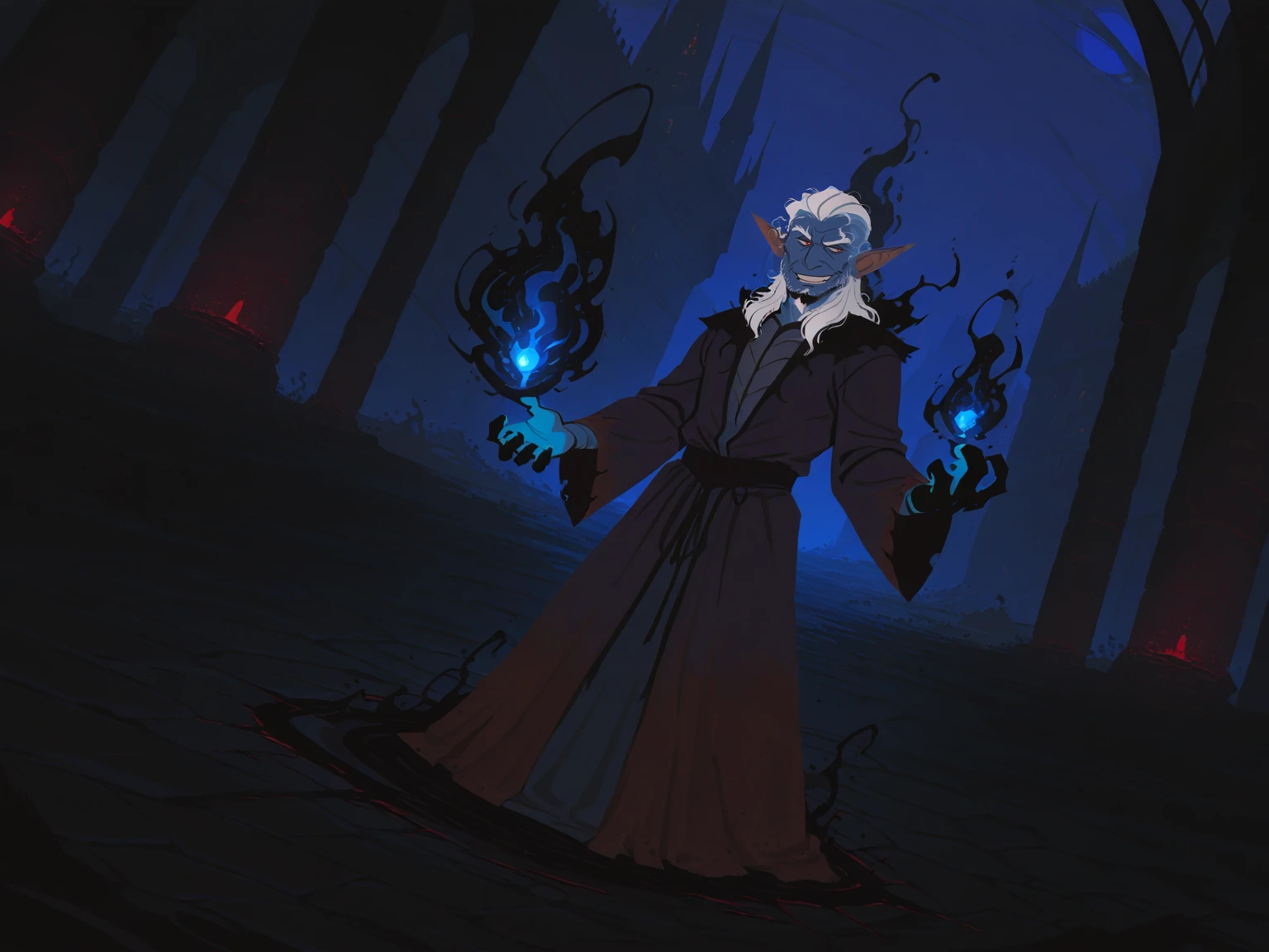 <lora:InCaseArt_Style:0.35>,
1boy, mature male, male focus, dark elf, long white hair, [red eyes], blue skin body, dark mage, castle room, battle stance, smiling, dark mage robe, black smoke, black magic, indoor, night, solo, dutch angle,
 , <lora:InCaseIL:0.7>, flat colors