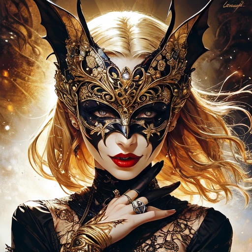 <lora:Ethereal_Gothic_Renaissance:1> ArsMJStyle, Etherial Gothic, The image shows a woman wearing a black and gold mask and gloves with a painting of a woman in the background. Her face is painted with intricate details and her eyes are closed giving her a peaceful and serene expression., 1girl, solo, jewelry, blonde hair, ring, red lips, lipstick, makeup, portrait, lips