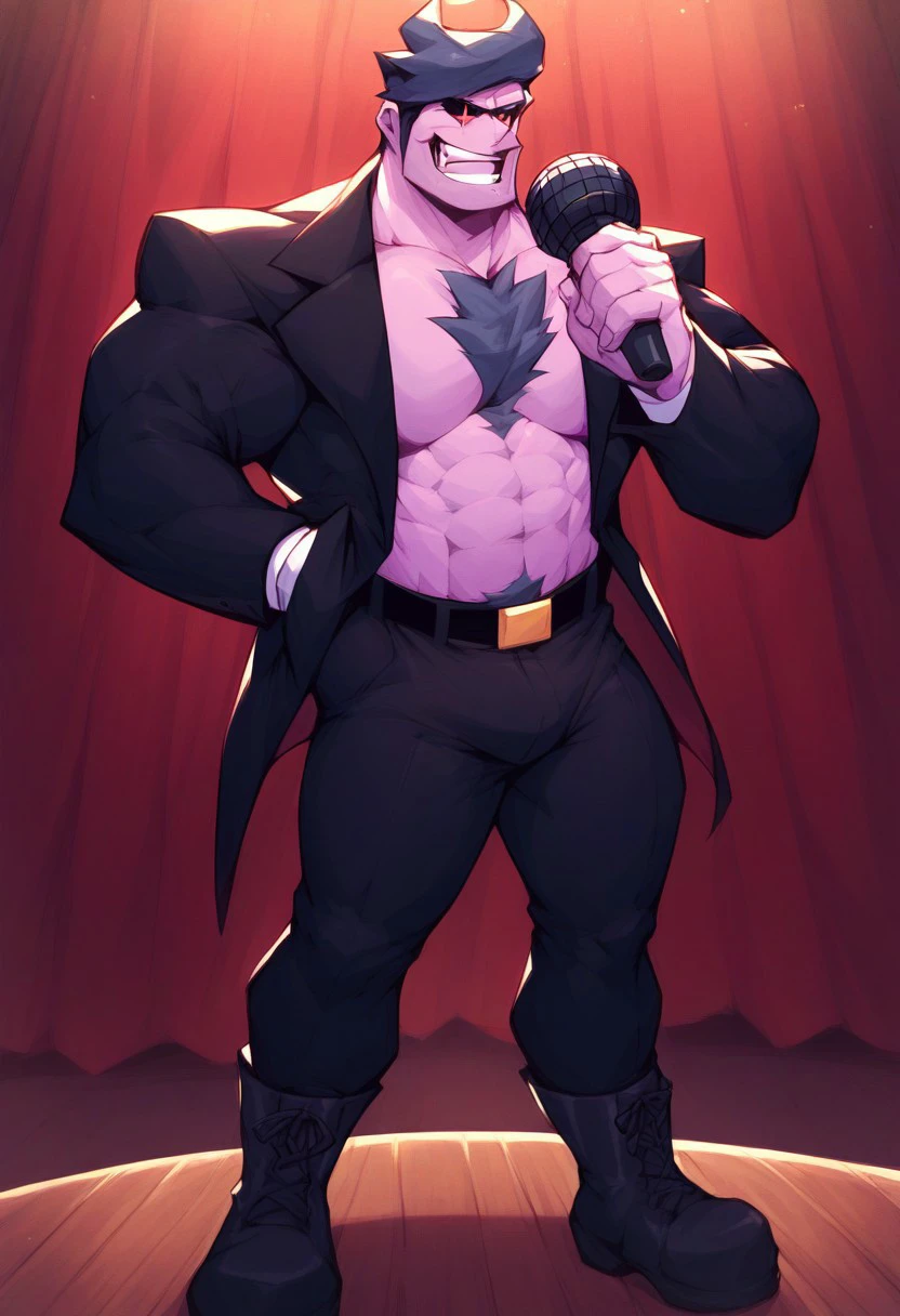 score_9,score_8_up,score_7_up, best quality, 1boy, solo, d@ddy_dearest, light-purple skin, sing, black eyes with red pupils, open jacket, black trousers, black boots, hold microphone, standing, on stage, muscular, bara,