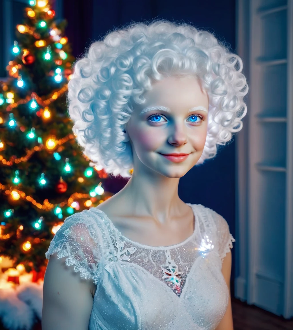 <lora:FemcloudSDXL:0.78>, a femcloud girl, pale skin, short hair, cheerful, happy, white dress, fluffy costume, looking to the side, ((slavonic face)), christmas, christmas tree, in home, bengal fire, night, ((real photo)), (professional photo), (photosession), (intricate colors)