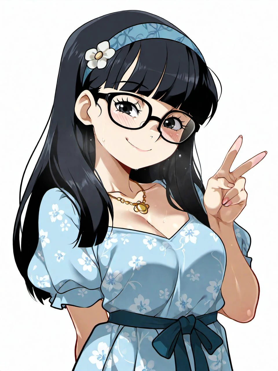 masterpiece, best quality, amazing quality, very aesthetic, high resolution,
jcm2style, 1girl, solo, glasses, breasts, dress, long hair, black hair, hairband, smile, jewelry, necklace, white background, looking at viewer, blush, simple background, bangs, blue dress, floral print, blunt bangs, dress, blue hairband, black-framed eyewear, black eyes, v,
<lora:jcm2_style_v1_illustrious_epoch_8:0.9>,